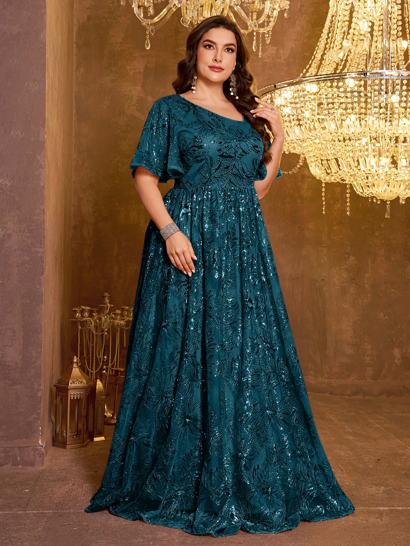 Elegant Formal Short Sleeved Long Embroidered Sequin Dress