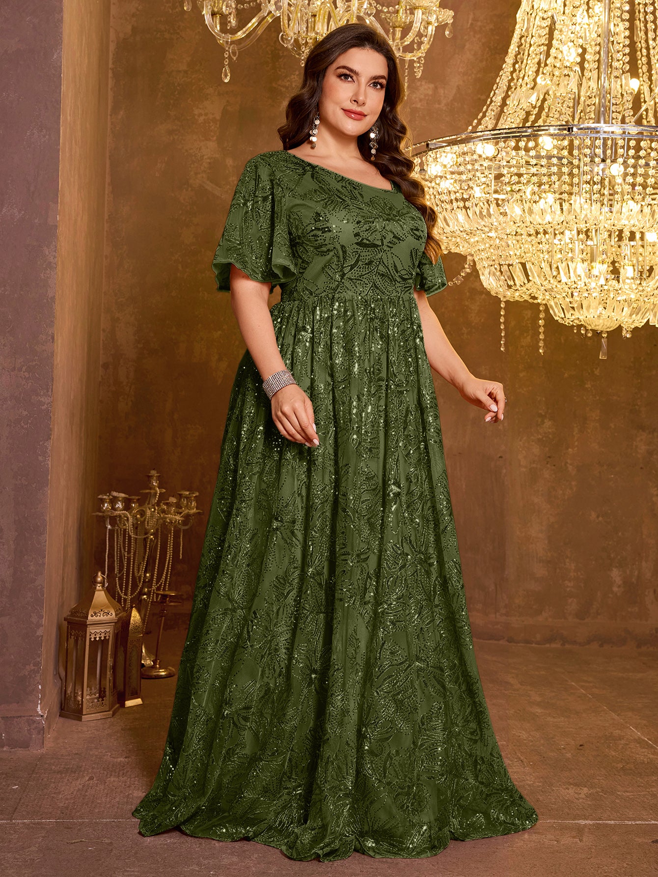 Elegant Formal Short Sleeved Long Embroidered Sequin Dress