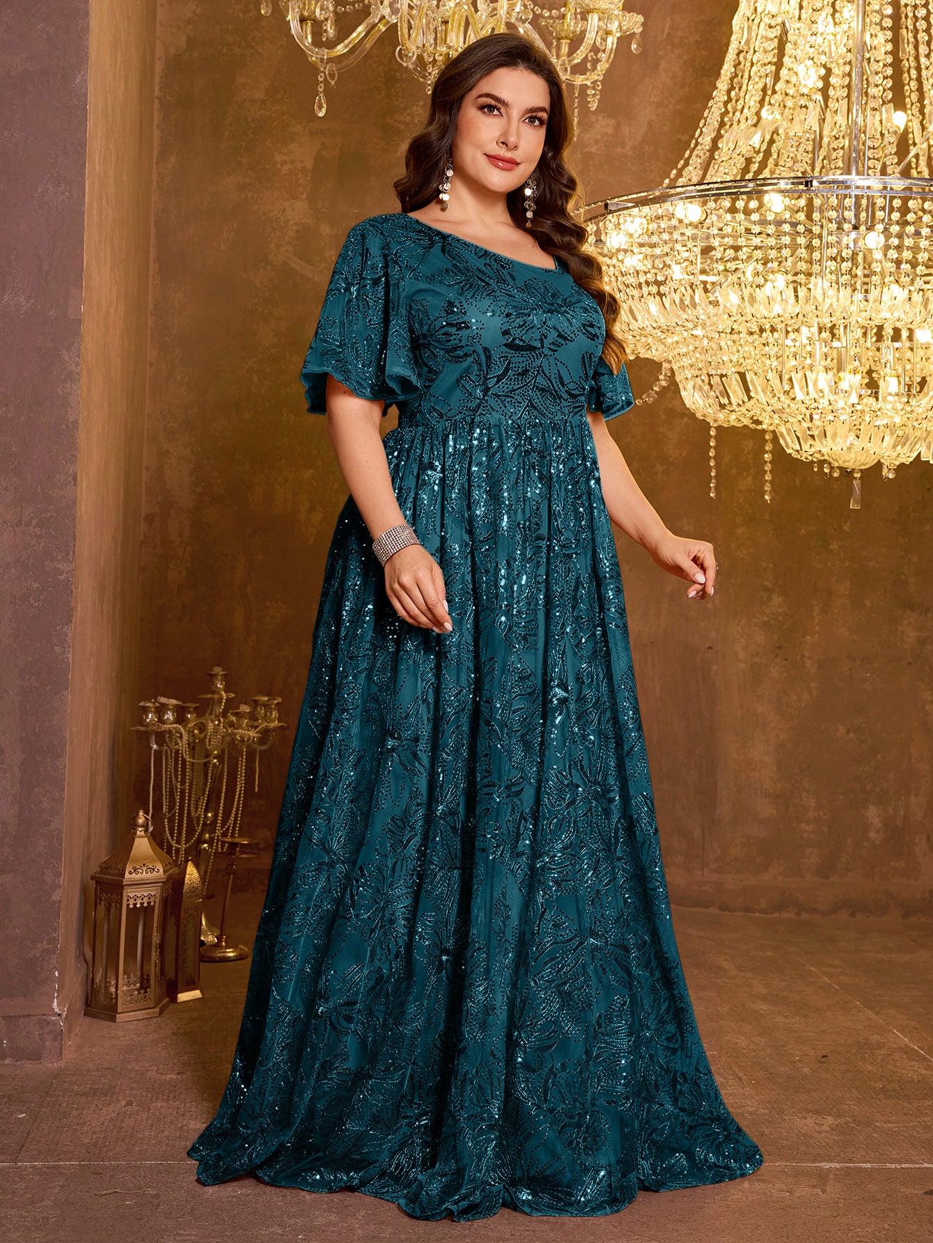 Elegant Formal Short Sleeved Long Embroidered Sequin Dress