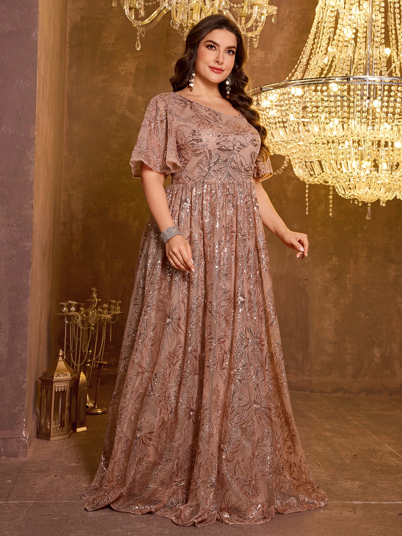 Elegant Formal Short Sleeved Long Embroidered Sequin Dress
