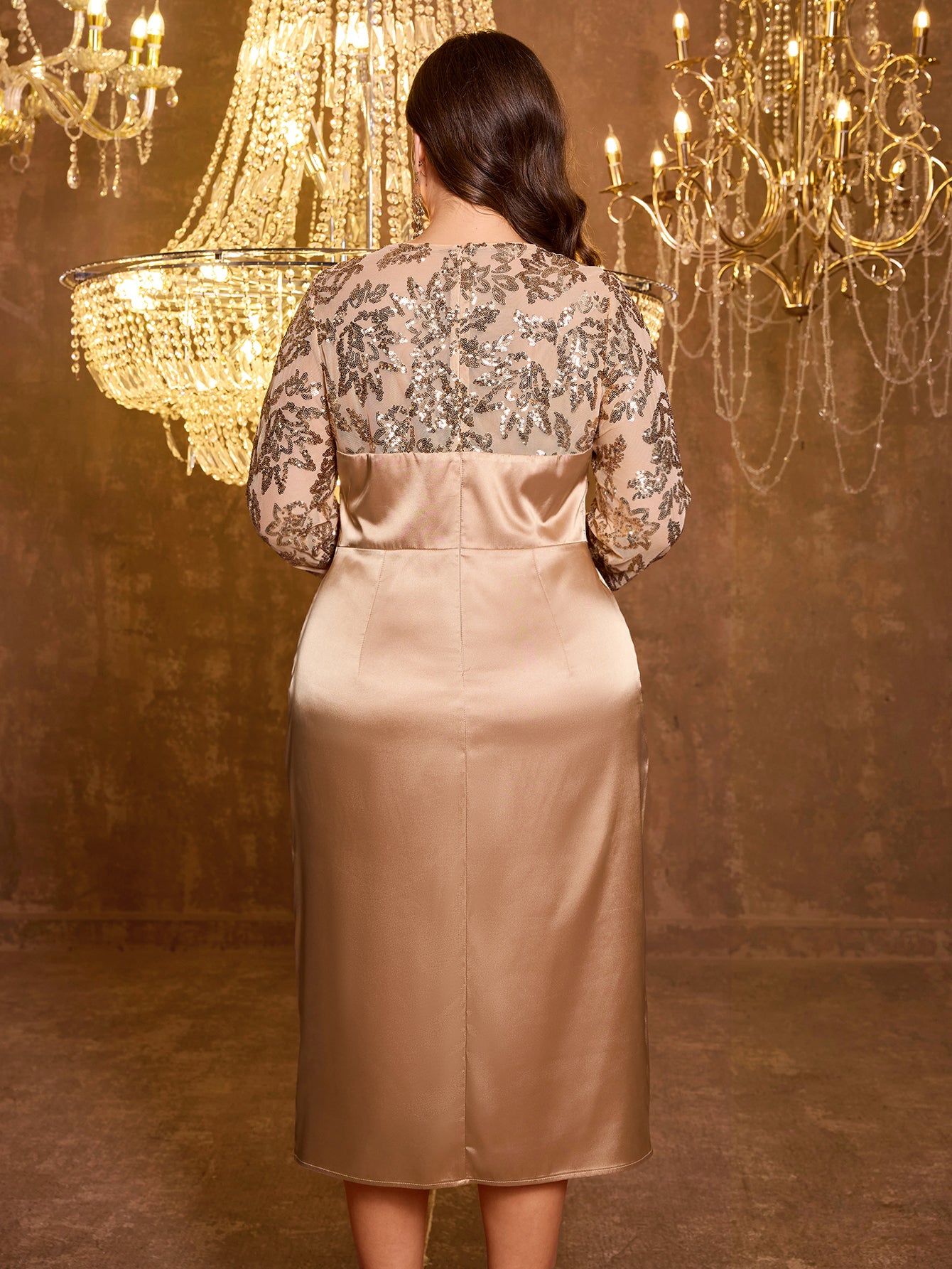 Champagne Gold Sequin Spliced Wrap Midi Plus Size Evening Dress