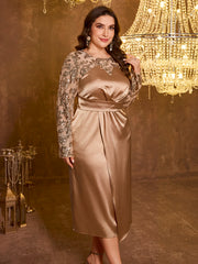 Champagne Gold Sequin Spliced Wrap Midi Plus Size Evening Dress