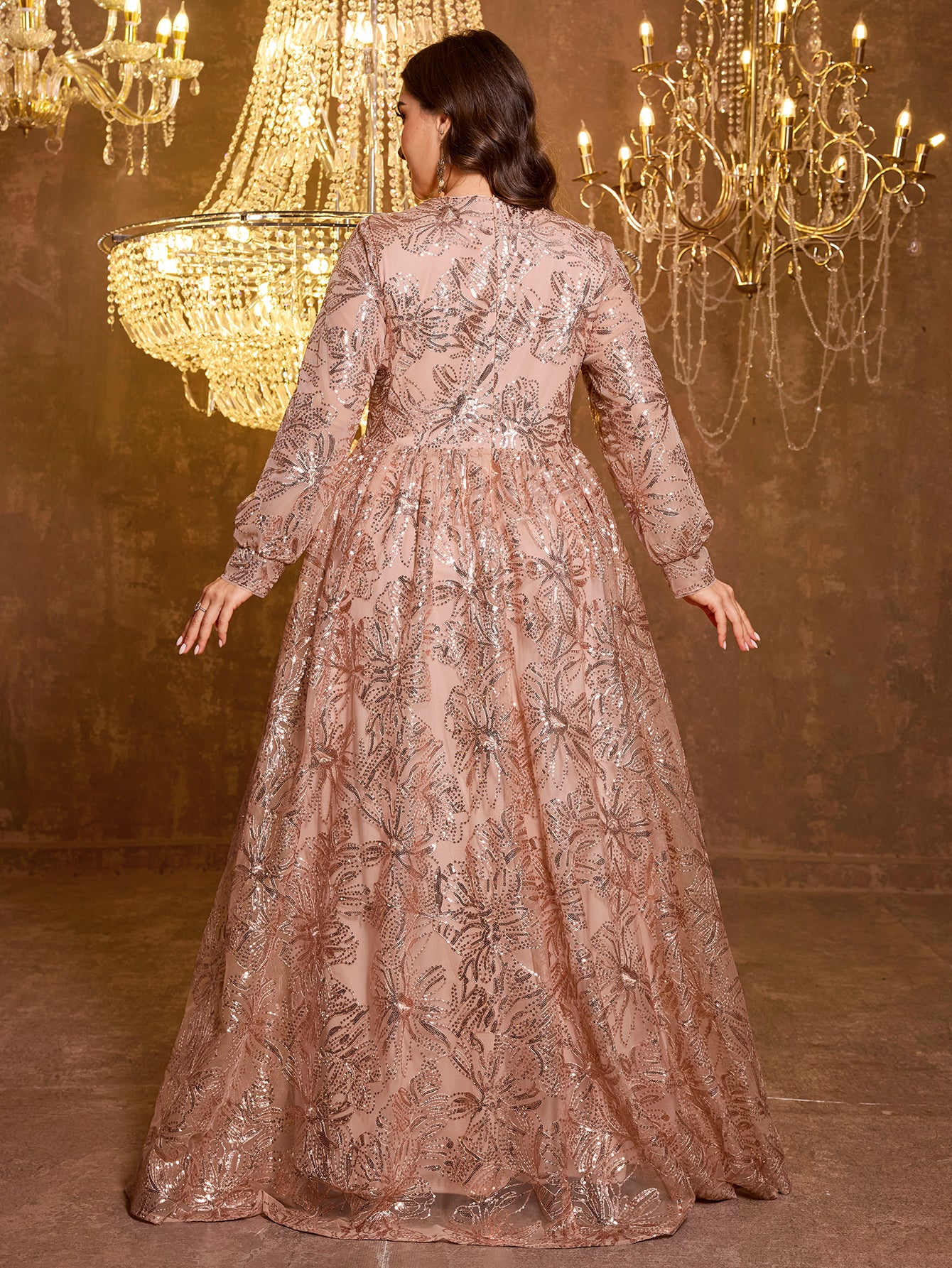 Formal Elegant Long Sleeved Embroidered Sequin Dress