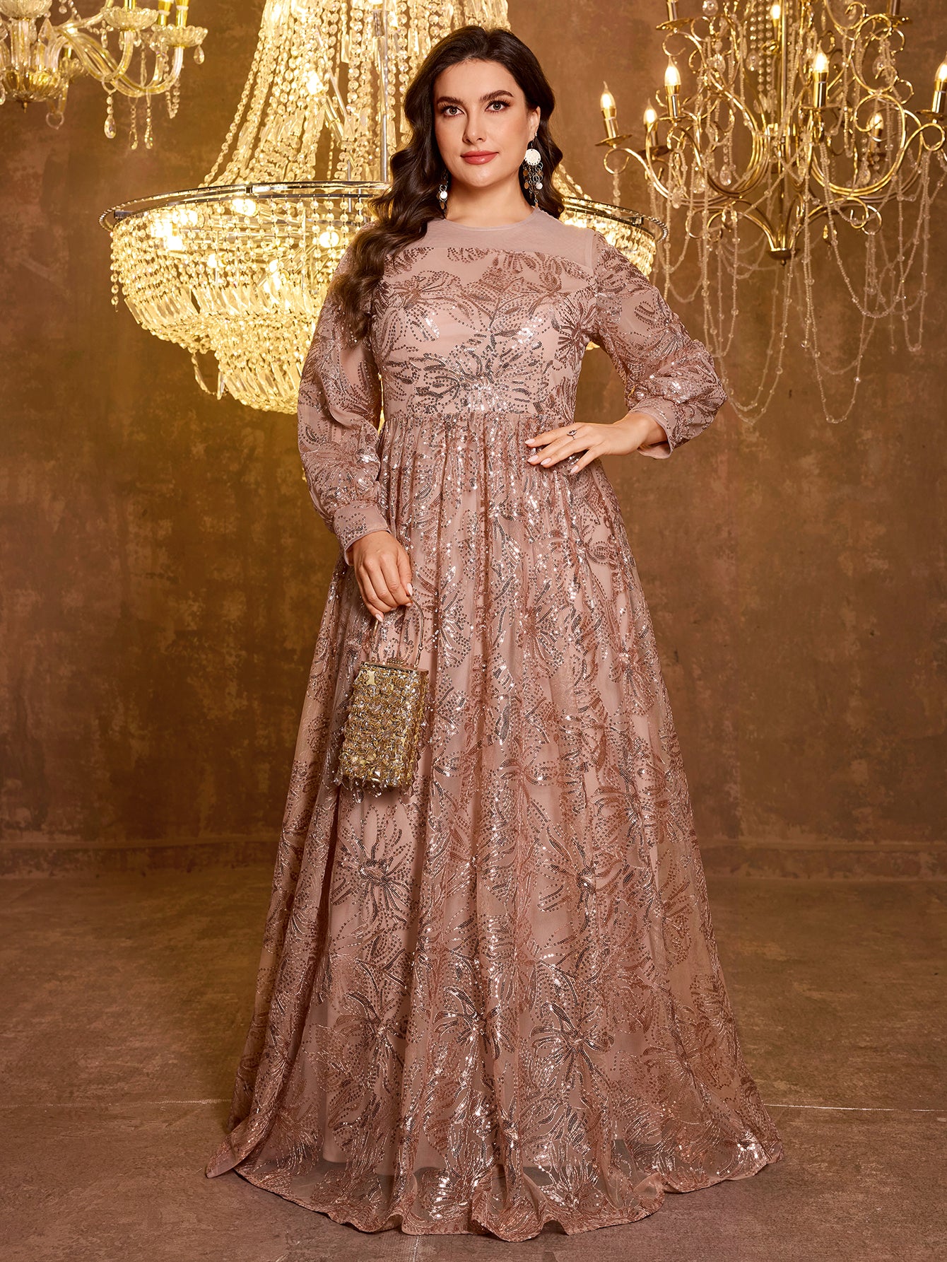 Formal Elegant Long Sleeved Embroidered Sequin Dress