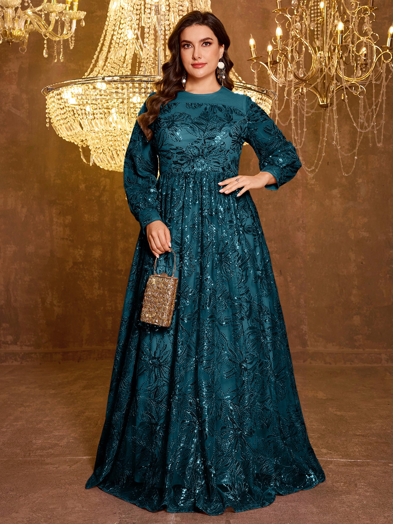 Formal Elegant Long Sleeved Embroidered Sequin Dress