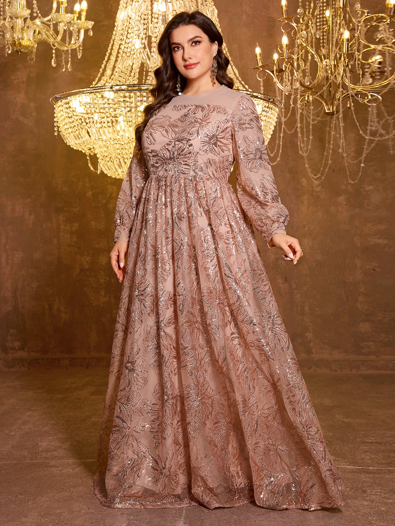 Formal Elegant Long Sleeved Embroidered Sequin Dress