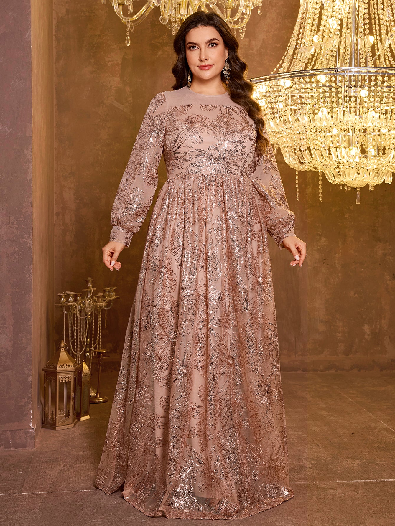 Formal Elegant Long Sleeved Embroidered Sequin Dress