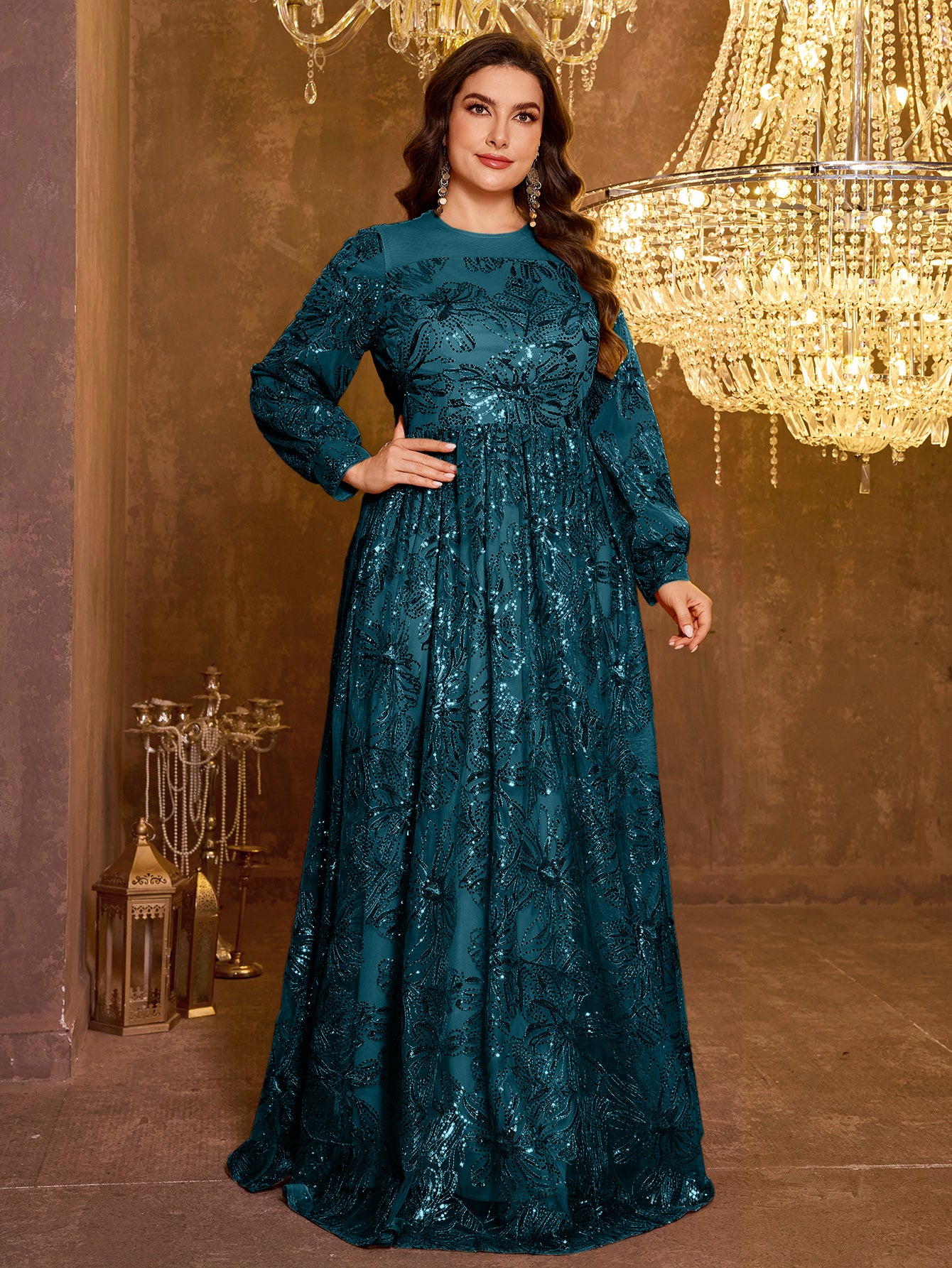 Formal Elegant Long Sleeved Embroidered Sequin Dress