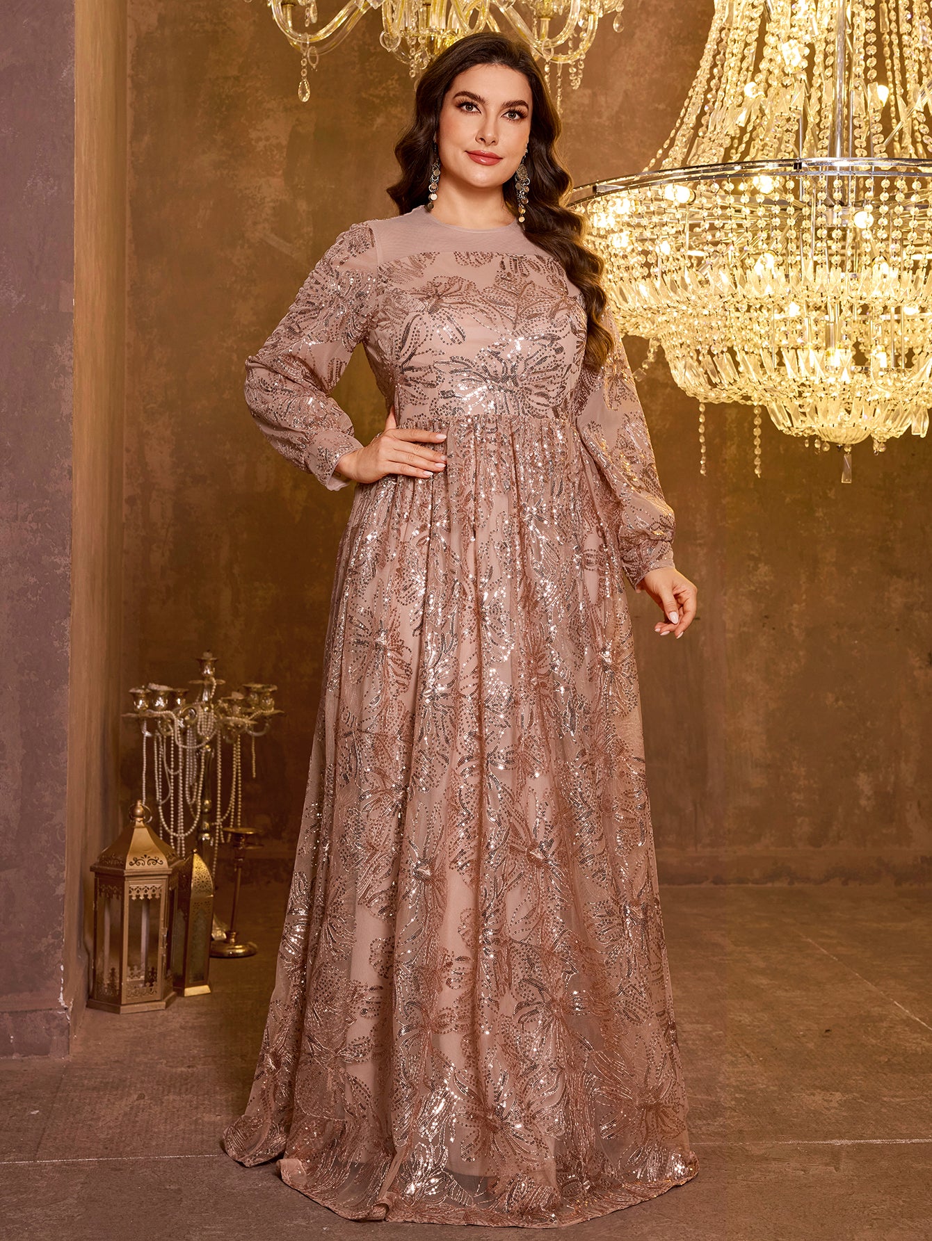 Formal Elegant Long Sleeved Embroidered Sequin Dress