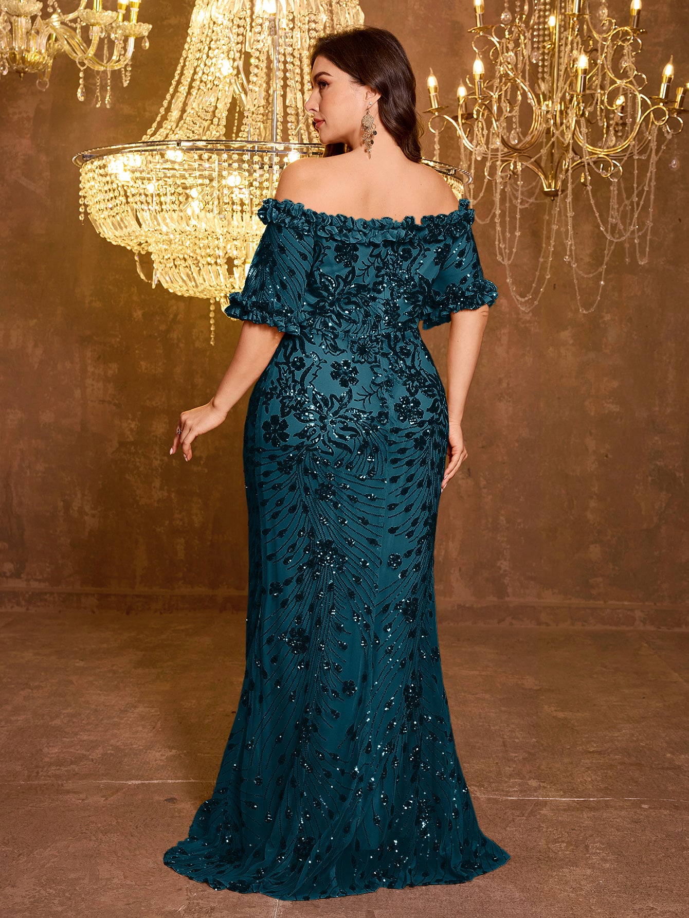 Elegant Formal Off Shoulder Long Embroidered Sequin Dress