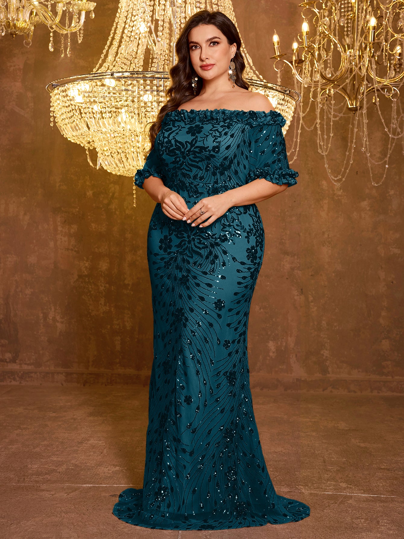 Elegant Formal Off Shoulder Long Embroidered Sequin Dress