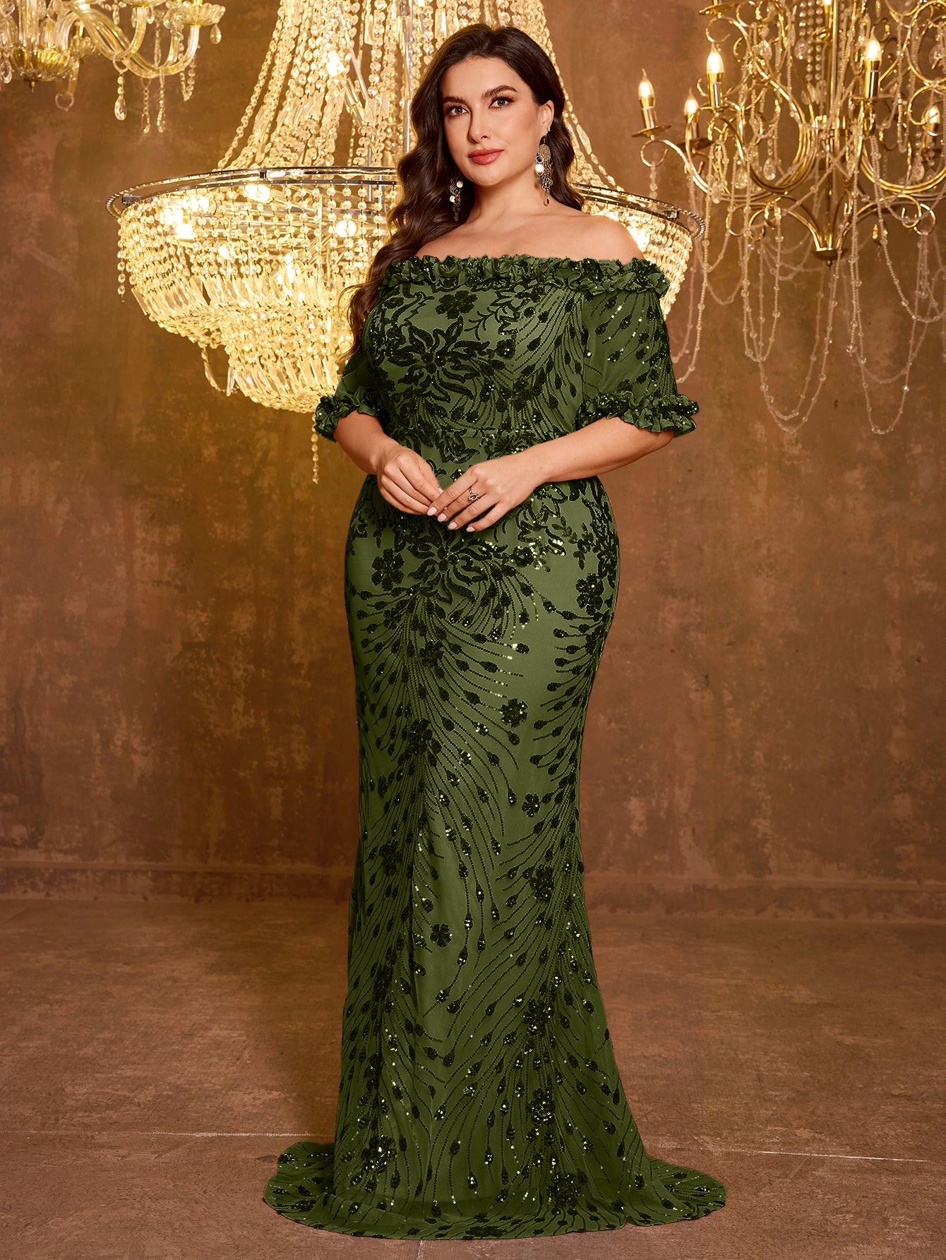 Elegant Formal Off Shoulder Long Embroidered Sequin Dress