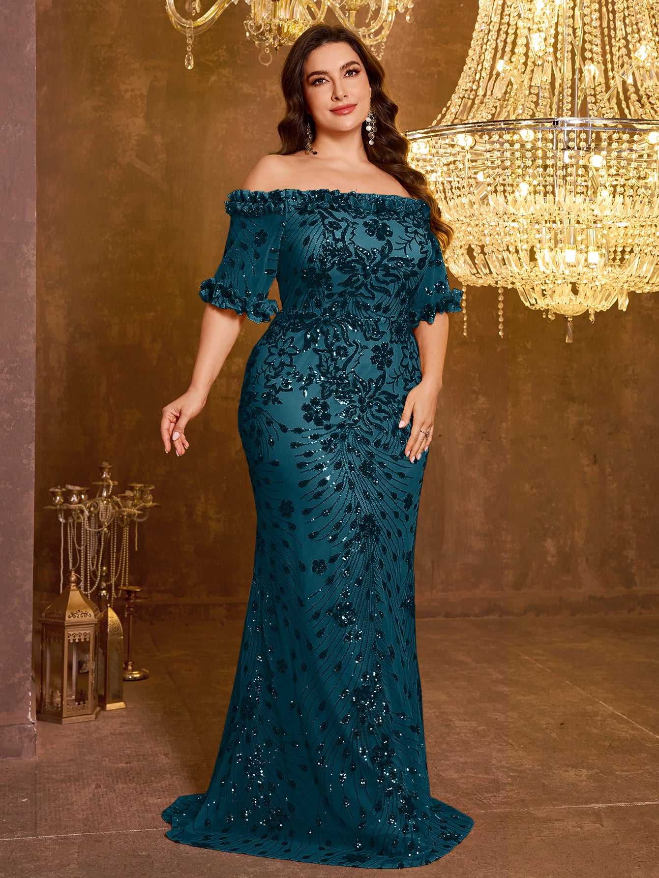 Elegant Formal Off Shoulder Long Embroidered Sequin Dress