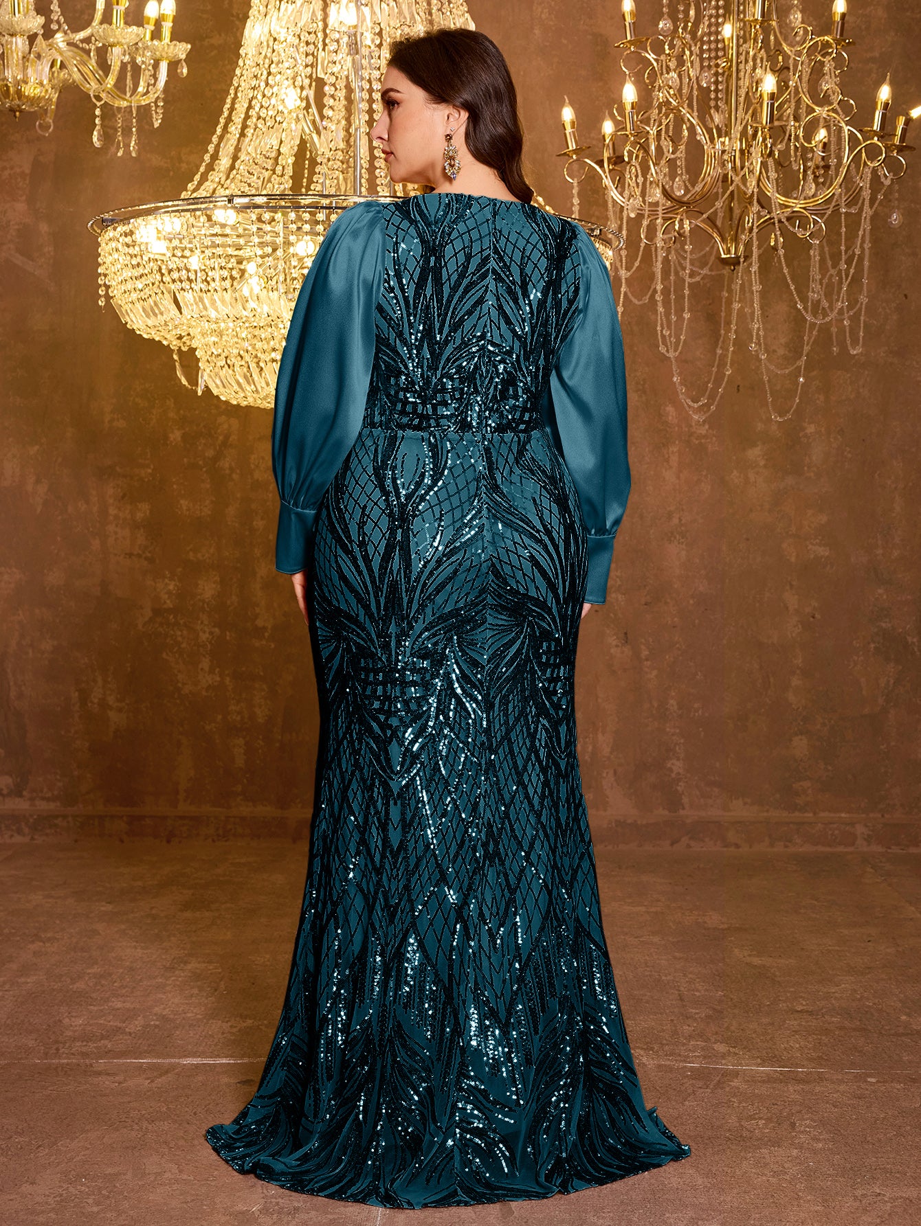 Large V-neck Sequined Embroidered Dress