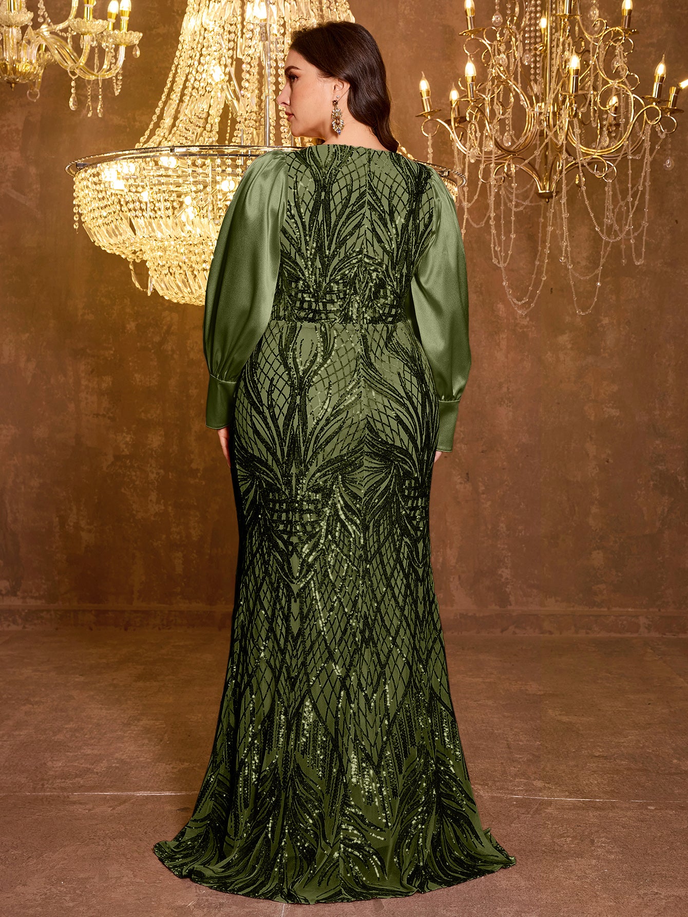 Large V-neck Sequined Embroidered Dress