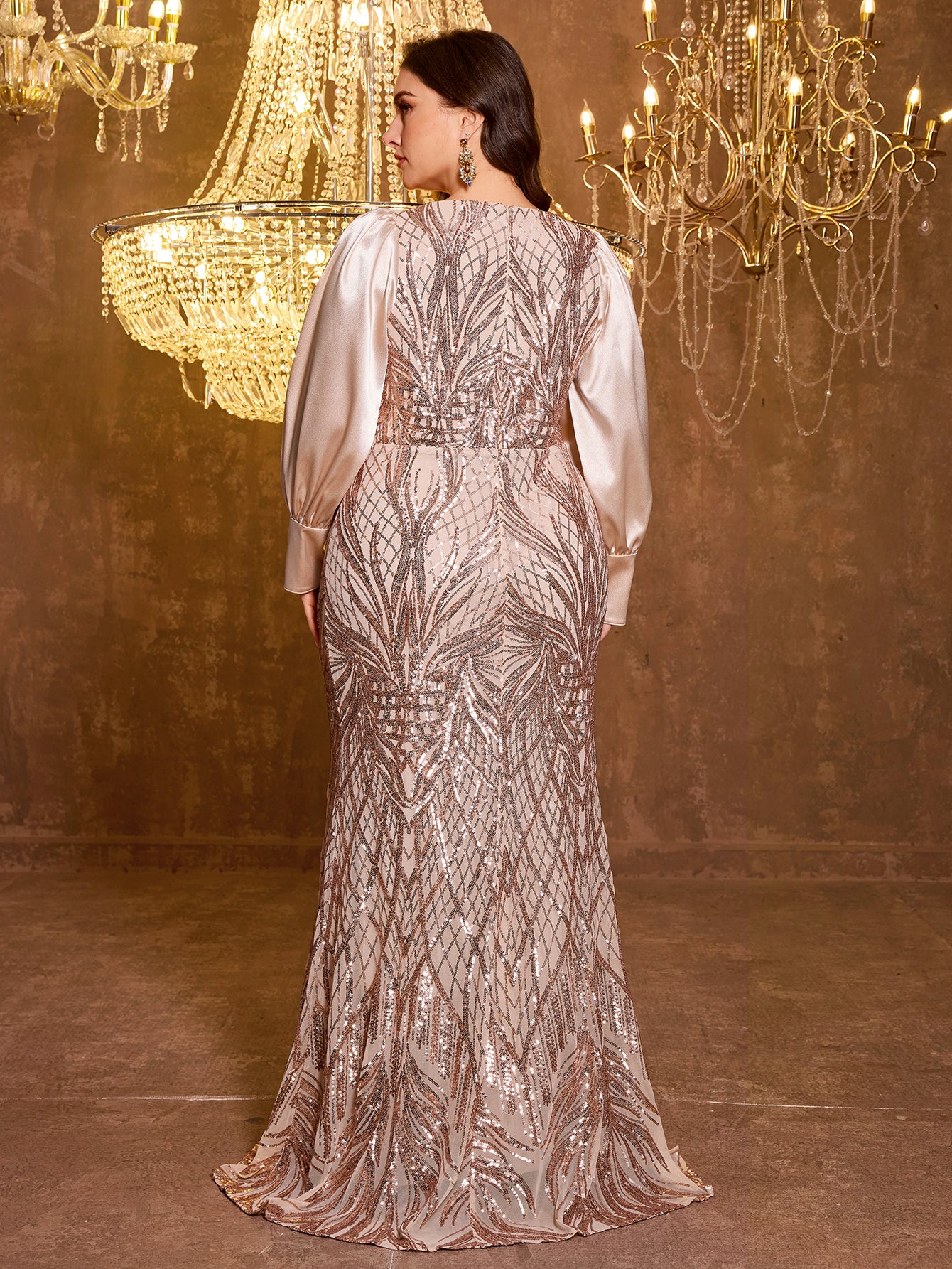 Large V-neck Sequined Embroidered Dress