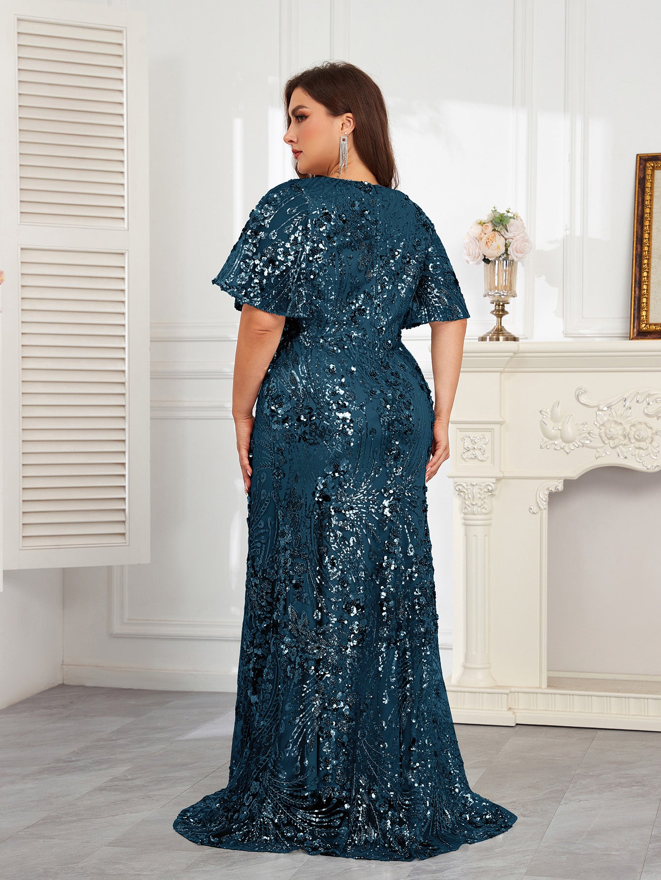 XUIBOL | Plus Size High-Quality Elastic Sequin Beaded Fitted V-Neck Short Sleeve Elegant Formal Gown, Stunning For Party, Wedding, Mother Of The Bride Dresses (Heavily Embellished), Semi Formal Prom Dress, For Birthday, Wedding Guest