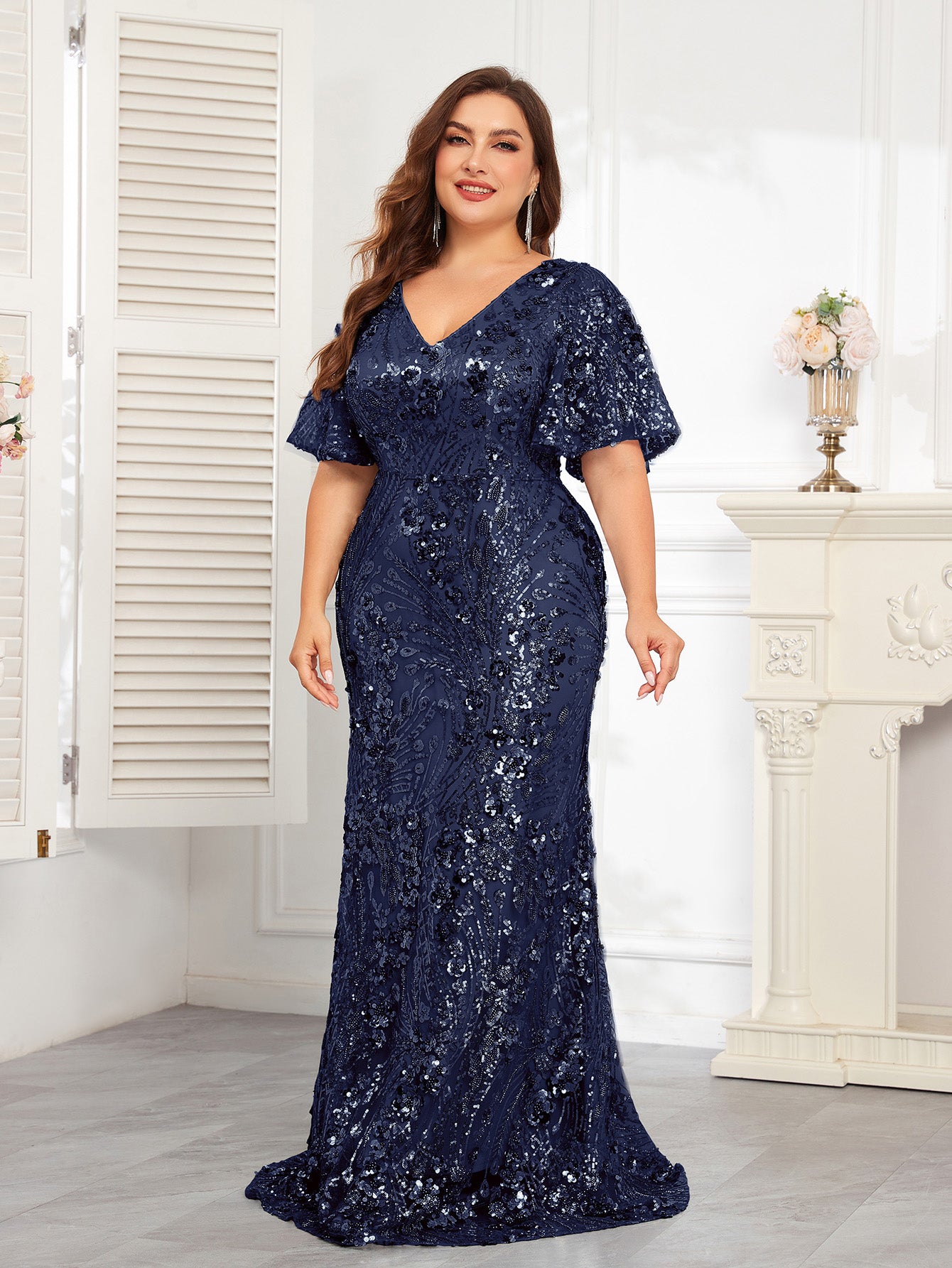 XUIBOL | Plus Size High-Quality Elastic Sequin Beaded Fitted V-Neck Short Sleeve Elegant Formal Gown, Stunning For Party, Wedding, Mother Of The Bride Dresses (Heavily Embellished), Semi Formal Prom Dress, For Birthday, Wedding Guest