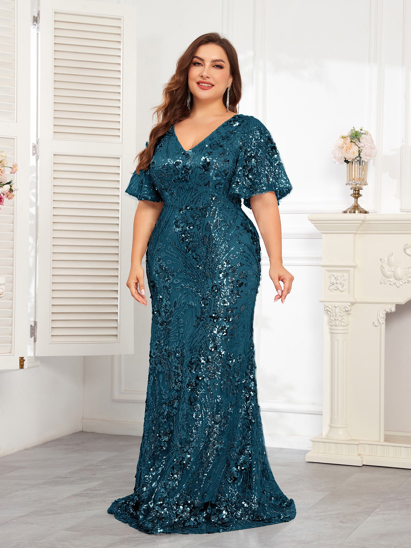 XUIBOL | Plus Size High-Quality Elastic Sequin Beaded Fitted V-Neck Short Sleeve Elegant Formal Gown, Stunning For Party, Wedding, Mother Of The Bride Dresses (Heavily Embellished), Semi Formal Prom Dress, For Birthday, Wedding Guest