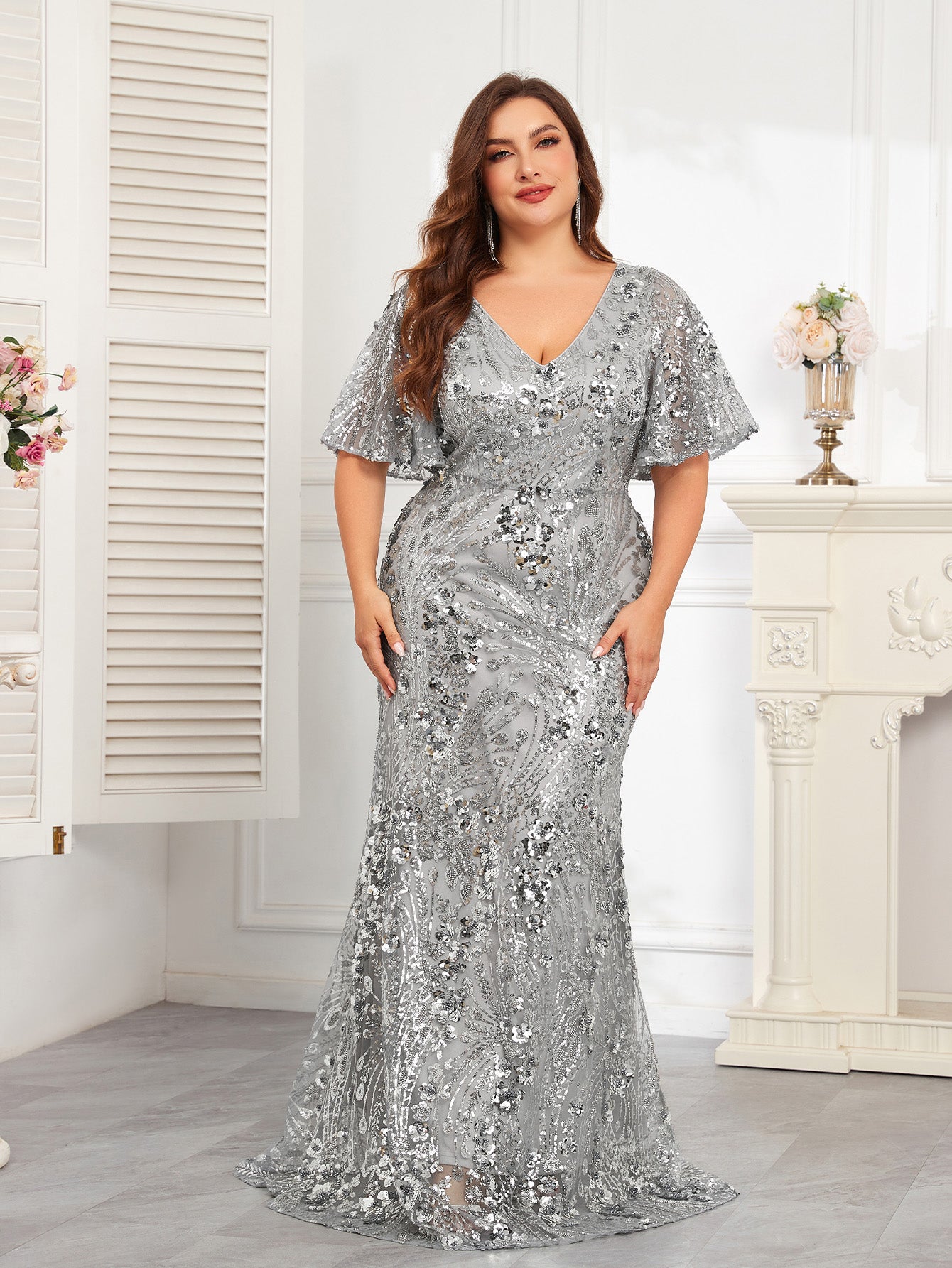 XUIBOL | Plus Size High-Quality Elastic Sequin Beaded Fitted V-Neck Short Sleeve Elegant Formal Gown, Stunning For Party, Wedding, Mother Of The Bride Dresses (Heavily Embellished), Semi Formal Prom Dress, For Birthday, Wedding Guest