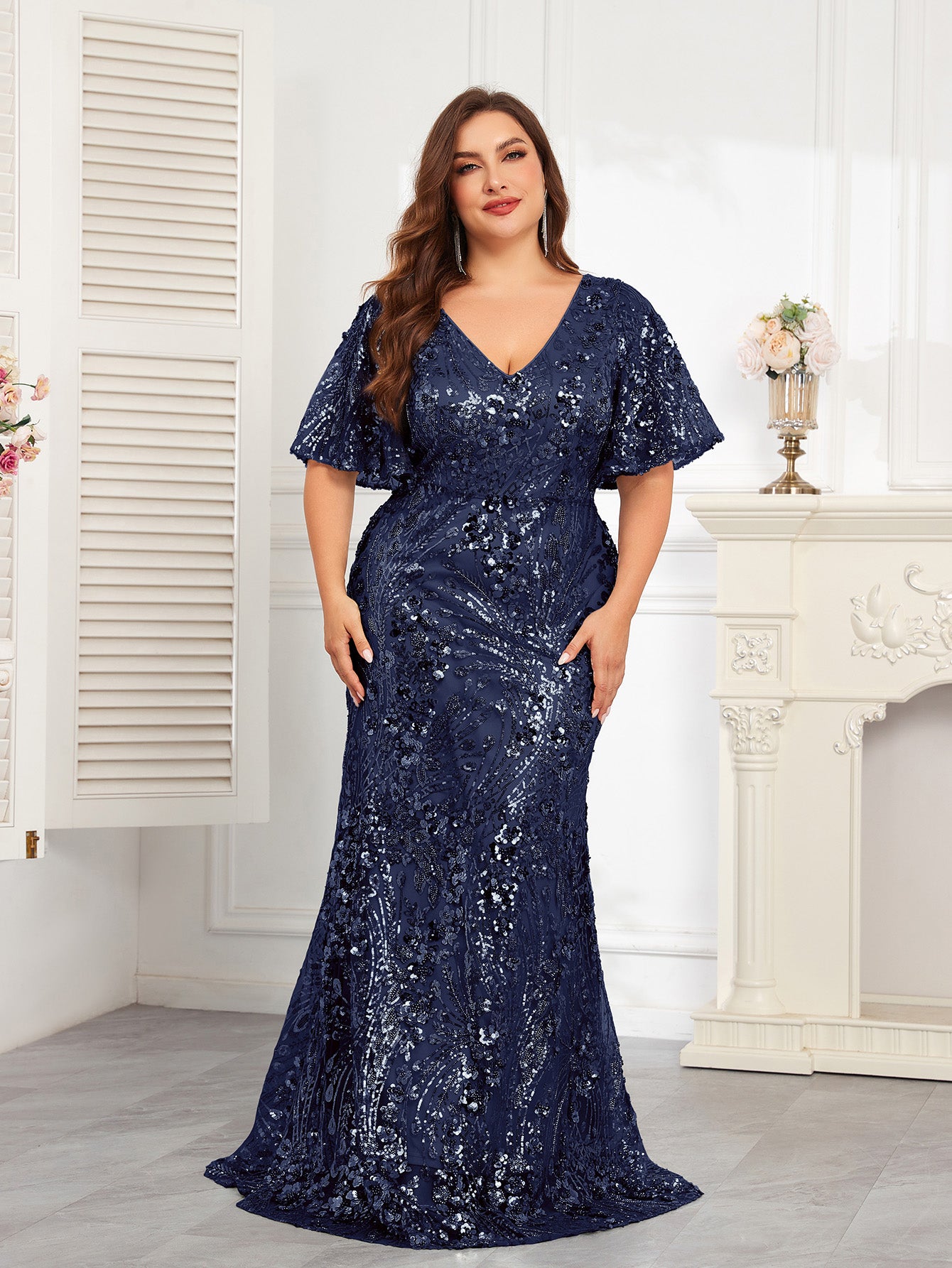 XUIBOL | Plus Size High-Quality Elastic Sequin Beaded Fitted V-Neck Short Sleeve Elegant Formal Gown, Stunning For Party, Wedding, Mother Of The Bride Dresses (Heavily Embellished), Semi Formal Prom Dress, For Birthday, Wedding Guest