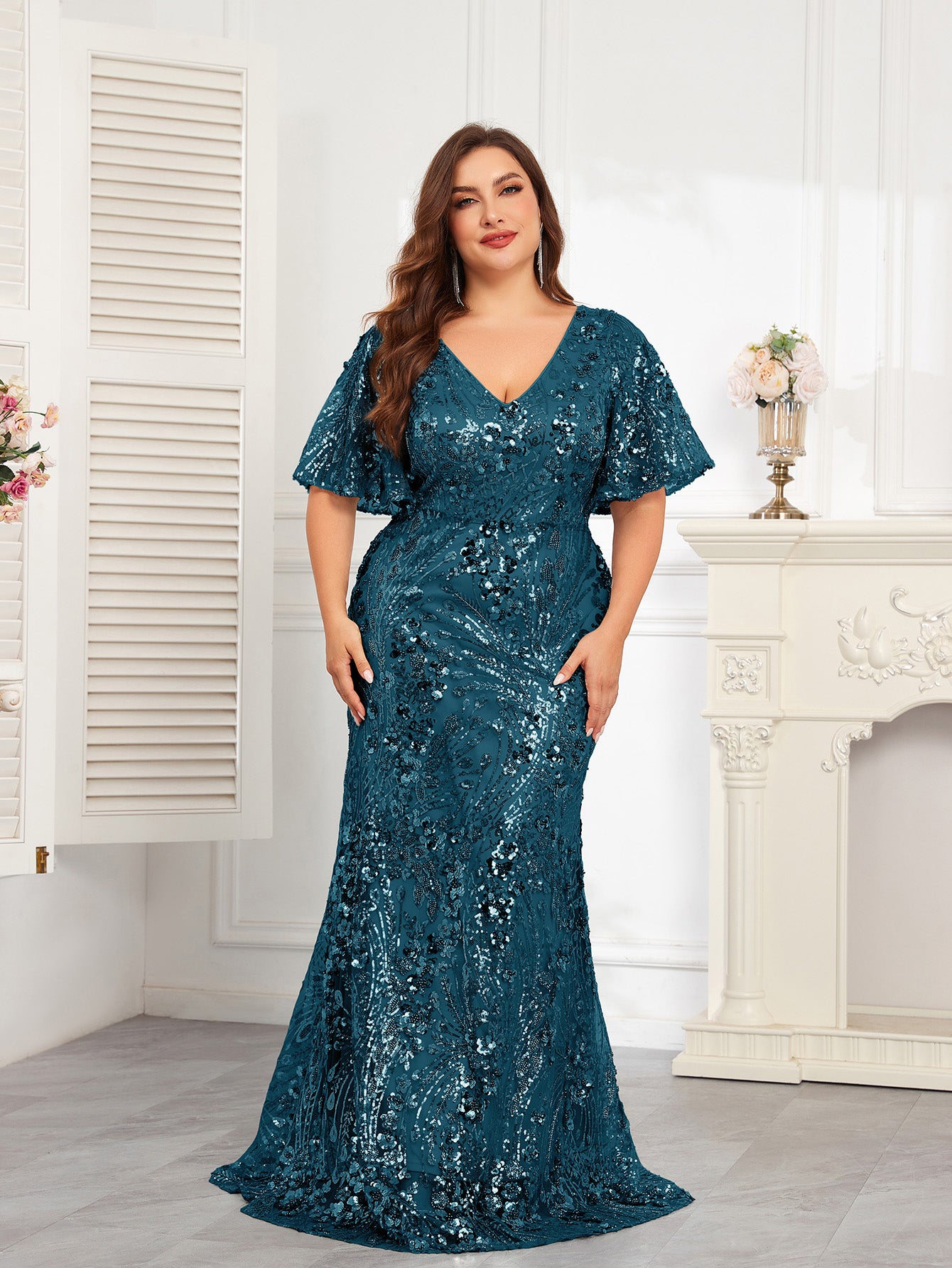 XUIBOL | Plus Size High-Quality Elastic Sequin Beaded Fitted V-Neck Short Sleeve Elegant Formal Gown, Stunning For Party, Wedding, Mother Of The Bride Dresses (Heavily Embellished), Semi Formal Prom Dress, For Birthday, Wedding Guest