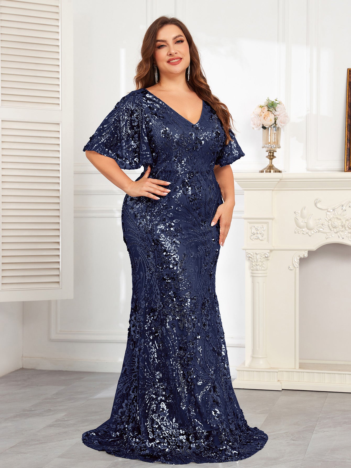 XUIBOL | Plus Size High-Quality Elastic Sequin Beaded Fitted V-Neck Short Sleeve Elegant Formal Gown, Stunning For Party, Wedding, Mother Of The Bride Dresses (Heavily Embellished), Semi Formal Prom Dress, For Birthday, Wedding Guest