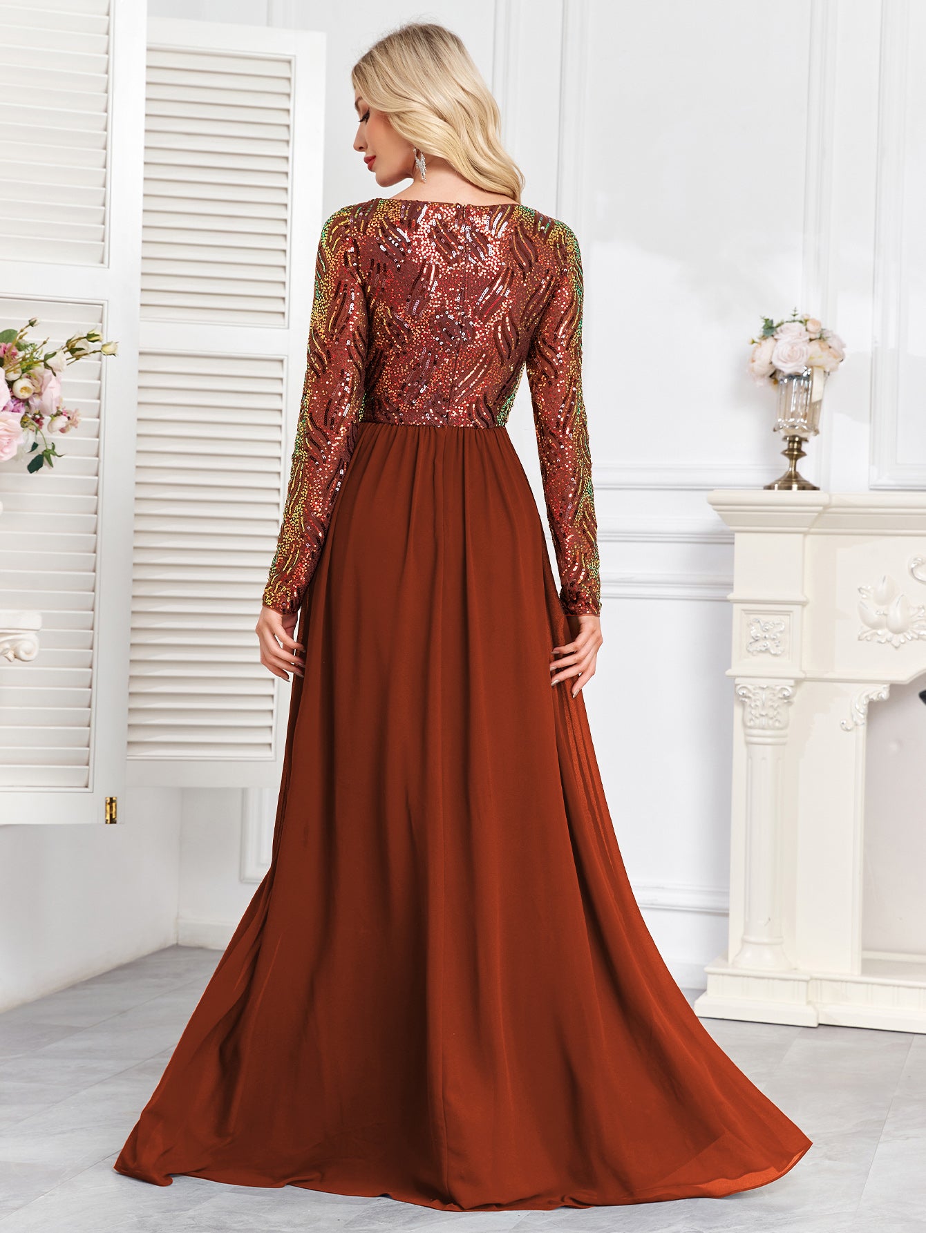 Navy Blue Multicolor Sequin Long Sleeve A‑Line Evening Gown