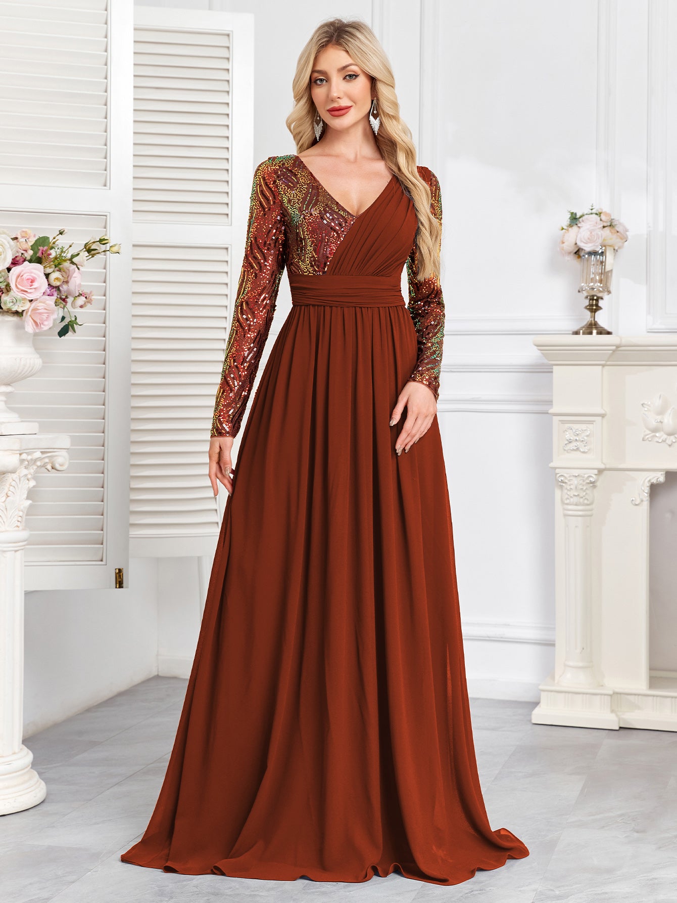 Navy Blue Multicolor Sequin Long Sleeve A‑Line Evening Gown