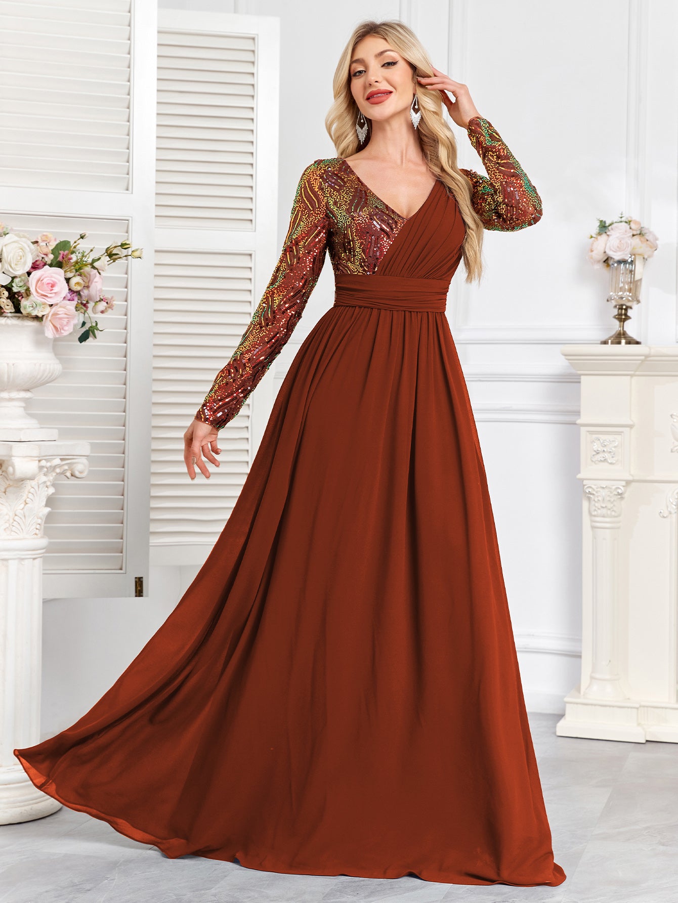 Navy Blue Multicolor Sequin Long Sleeve A‑Line Evening Gown