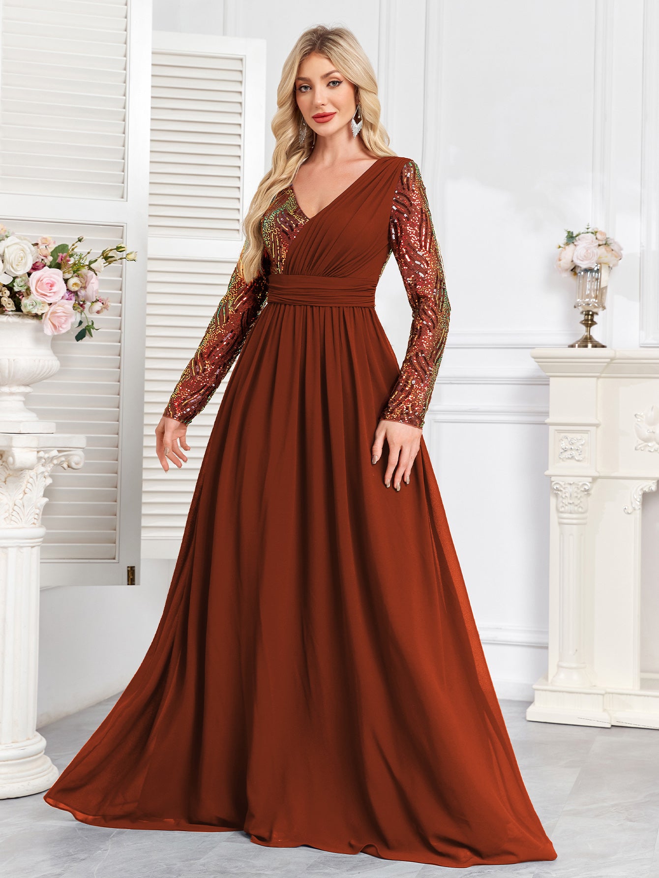 Navy Blue Multicolor Sequin Long Sleeve A‑Line Evening Gown