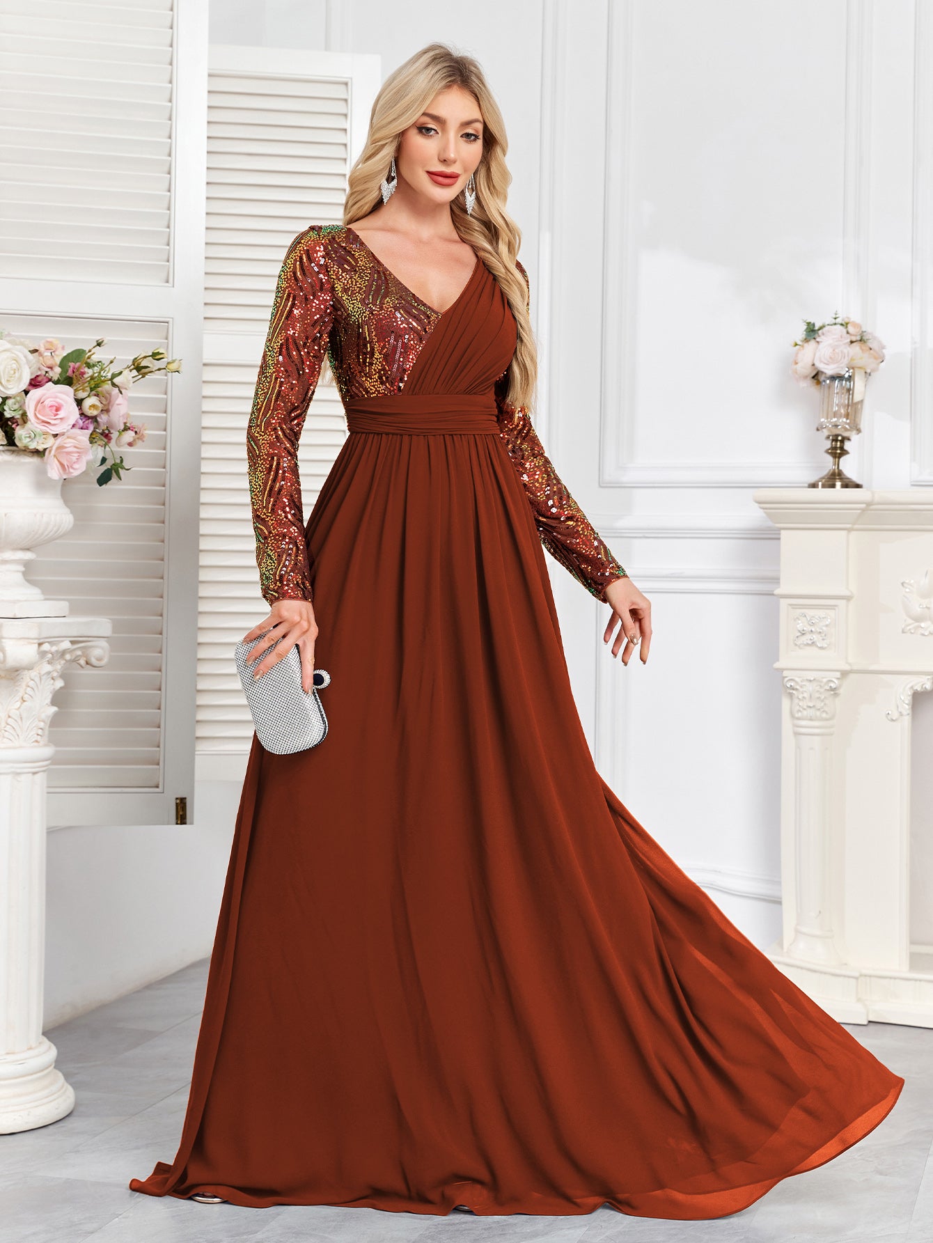 Navy Blue Multicolor Sequin Long Sleeve A‑Line Evening Gown