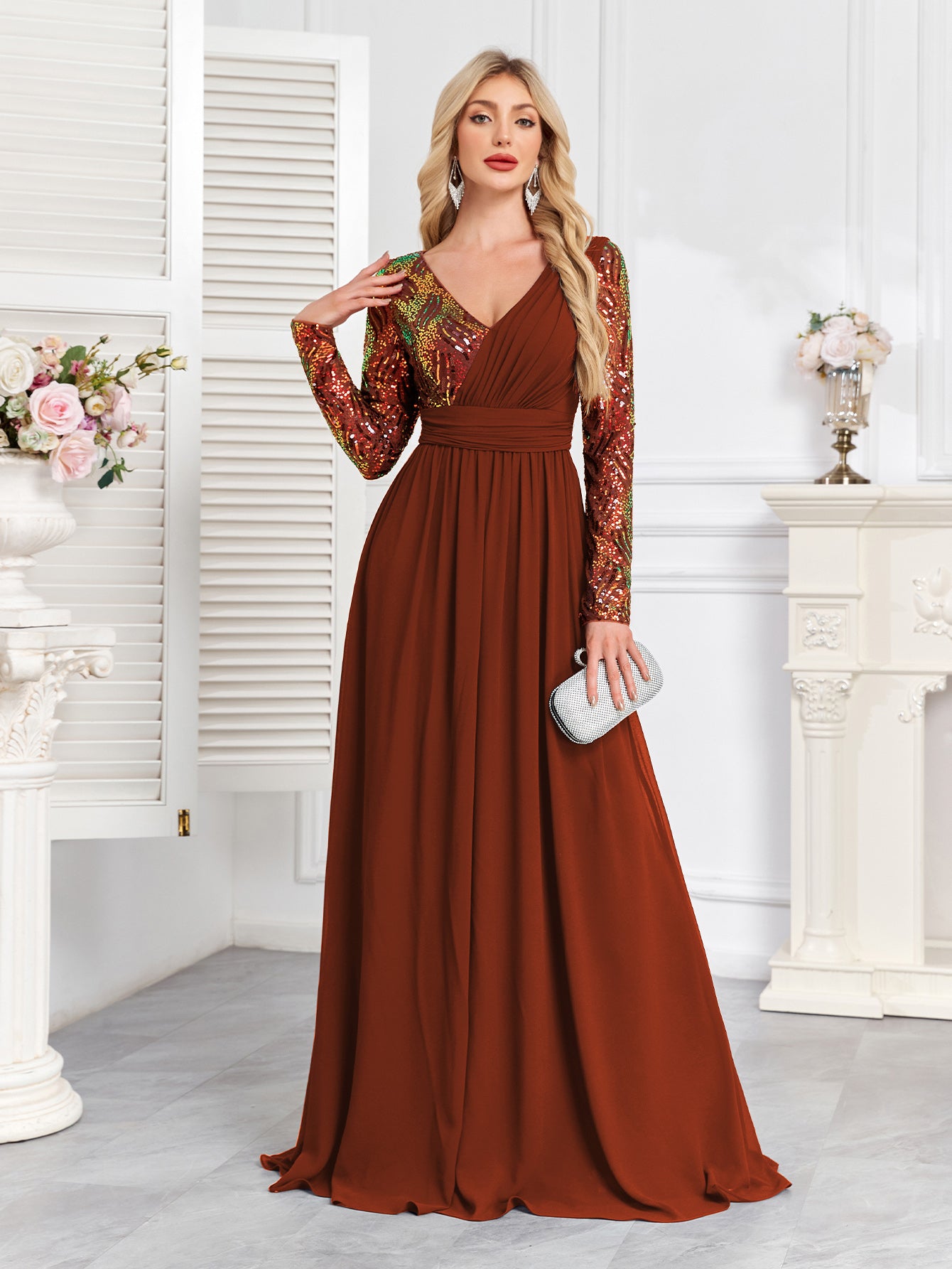 Navy Blue Multicolor Sequin Long Sleeve A‑Line Evening Gown