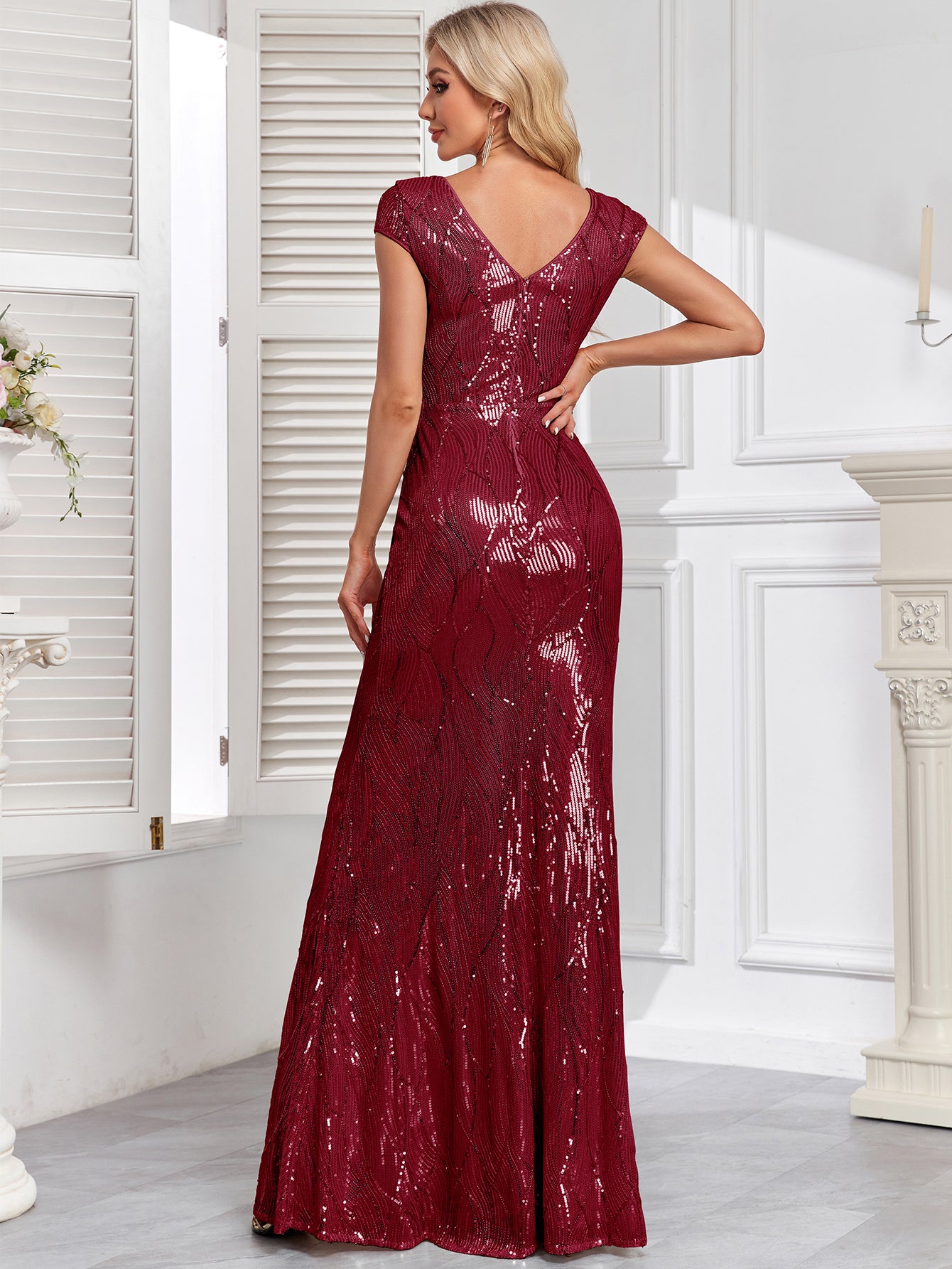 Embroidered Sequin Gown with Double V-Neck and Cap Sleeves | XUIBOL