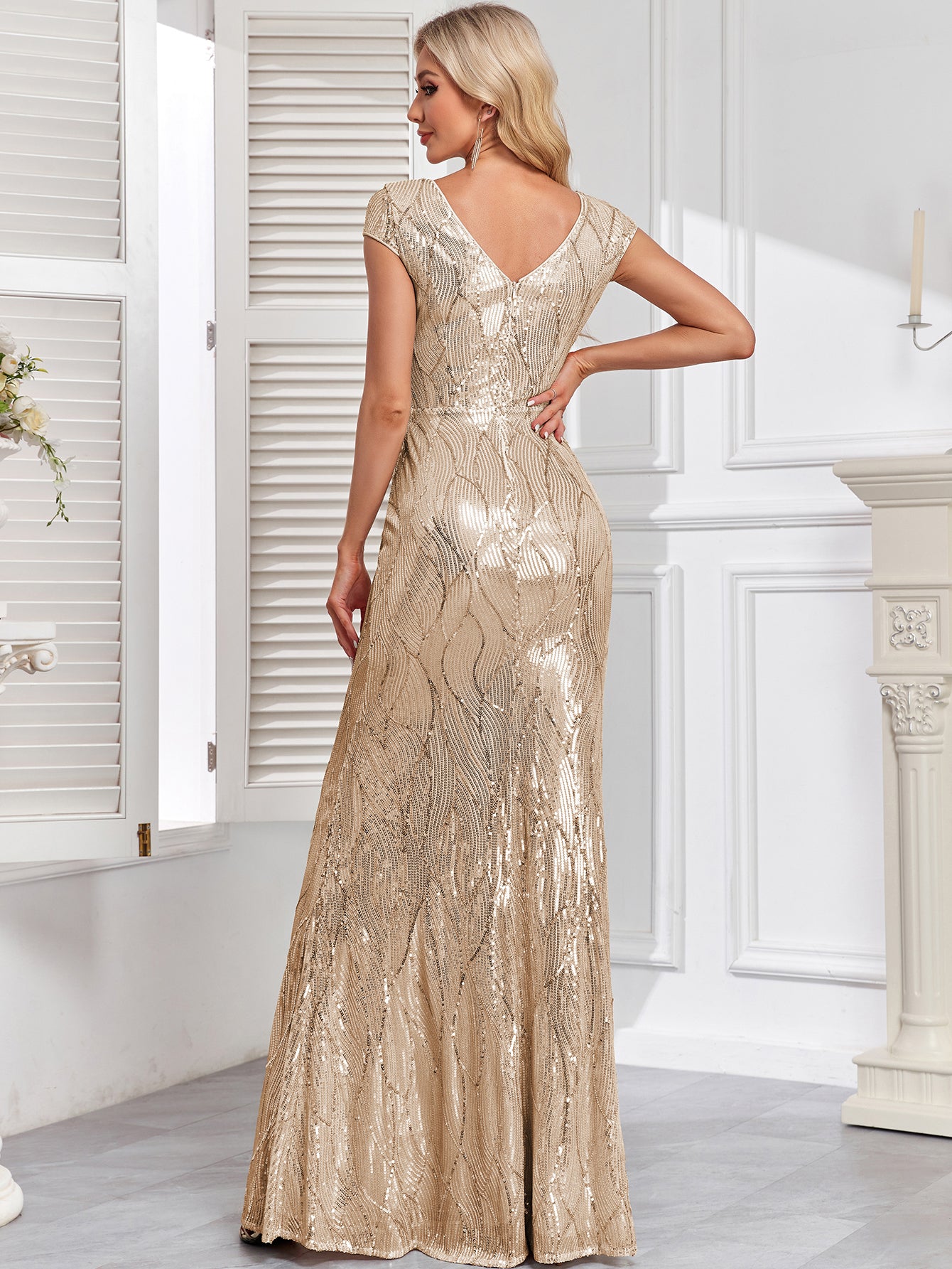 Embroidered Sequin Gown with Double V-Neck and Cap Sleeves | XUIBOL