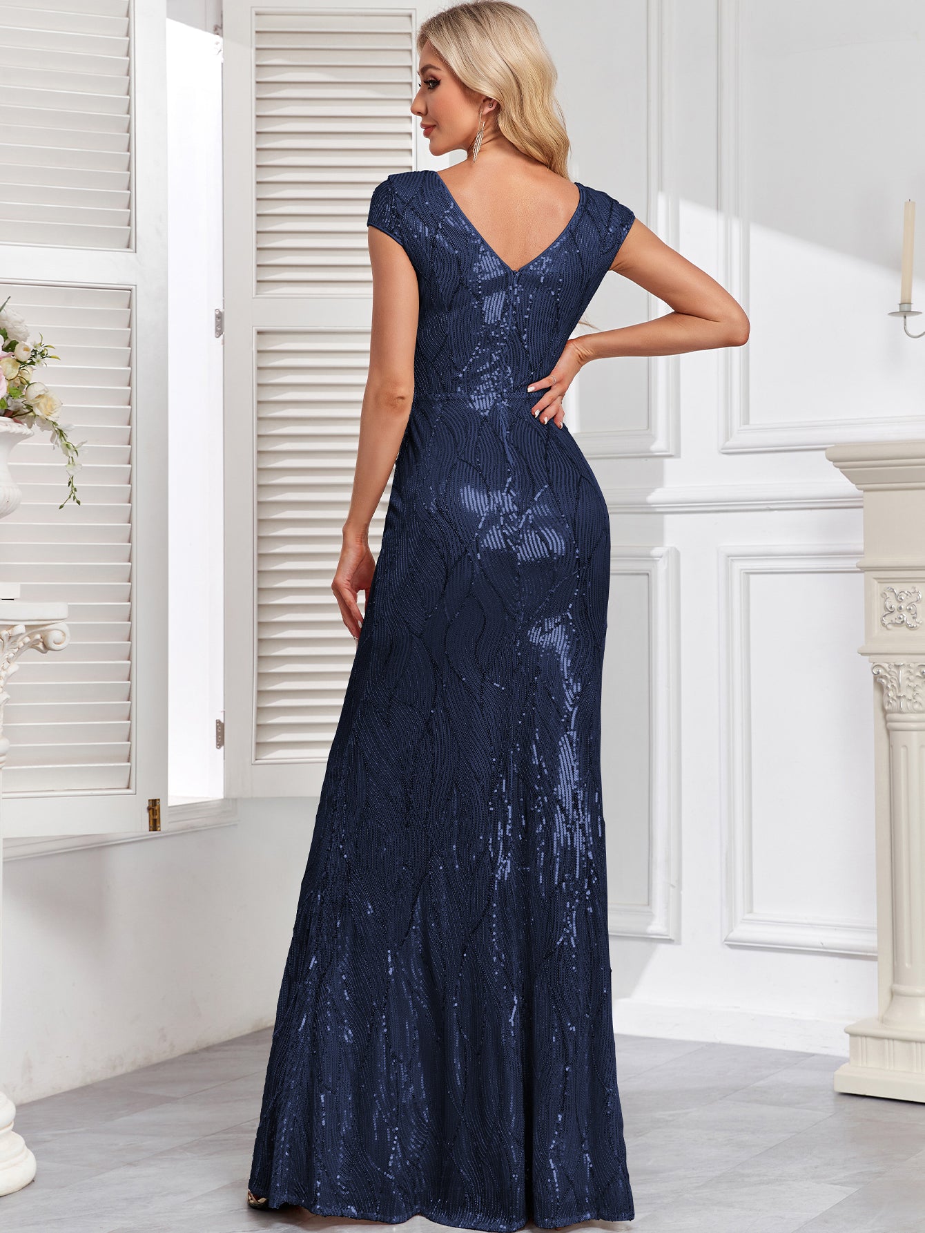 Embroidered Sequin Gown with Double V-Neck and Cap Sleeves | XUIBOL