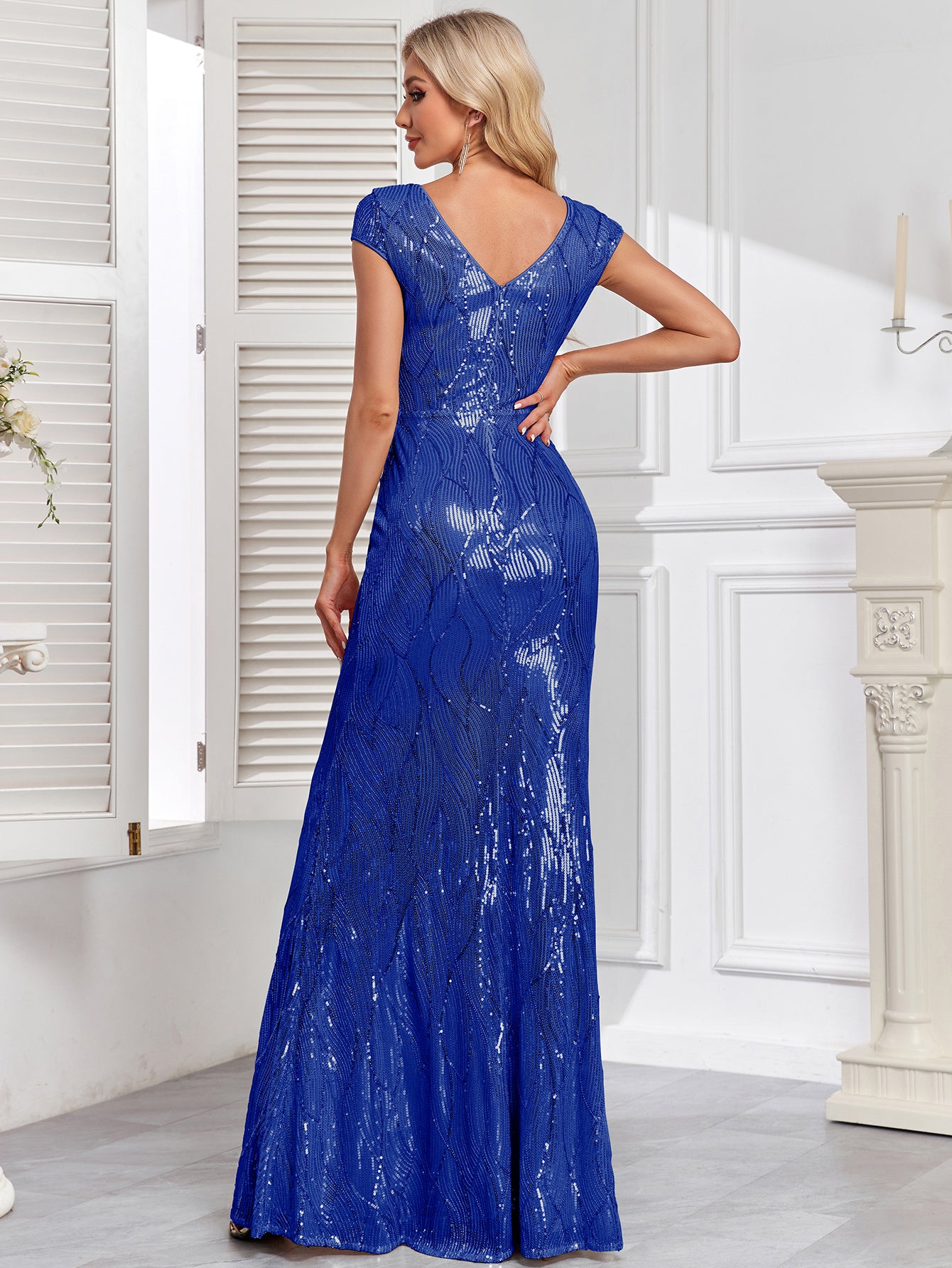 Embroidered Sequin Gown with Double V-Neck and Cap Sleeves | XUIBOL