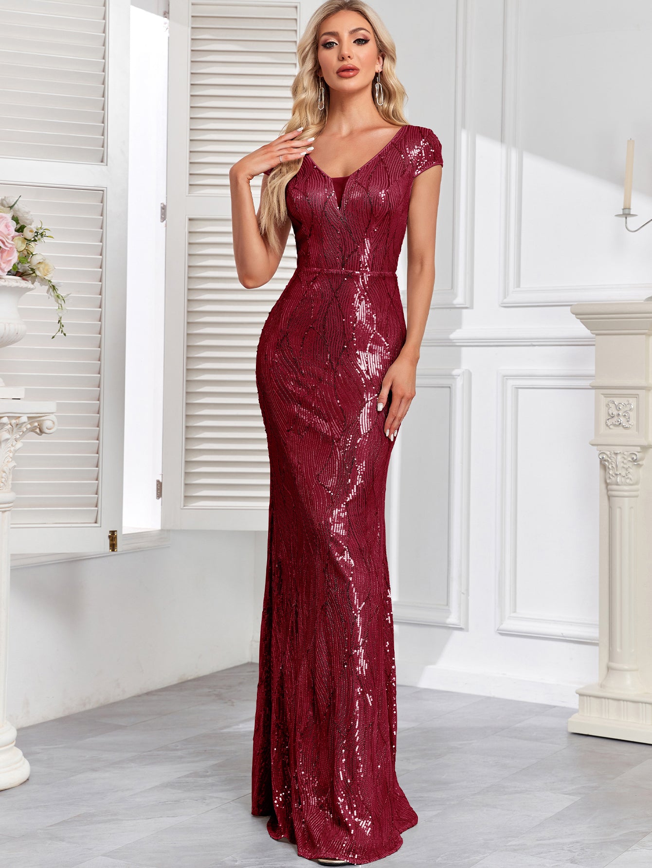 Embroidered Sequin Gown with Double V-Neck and Cap Sleeves | XUIBOL