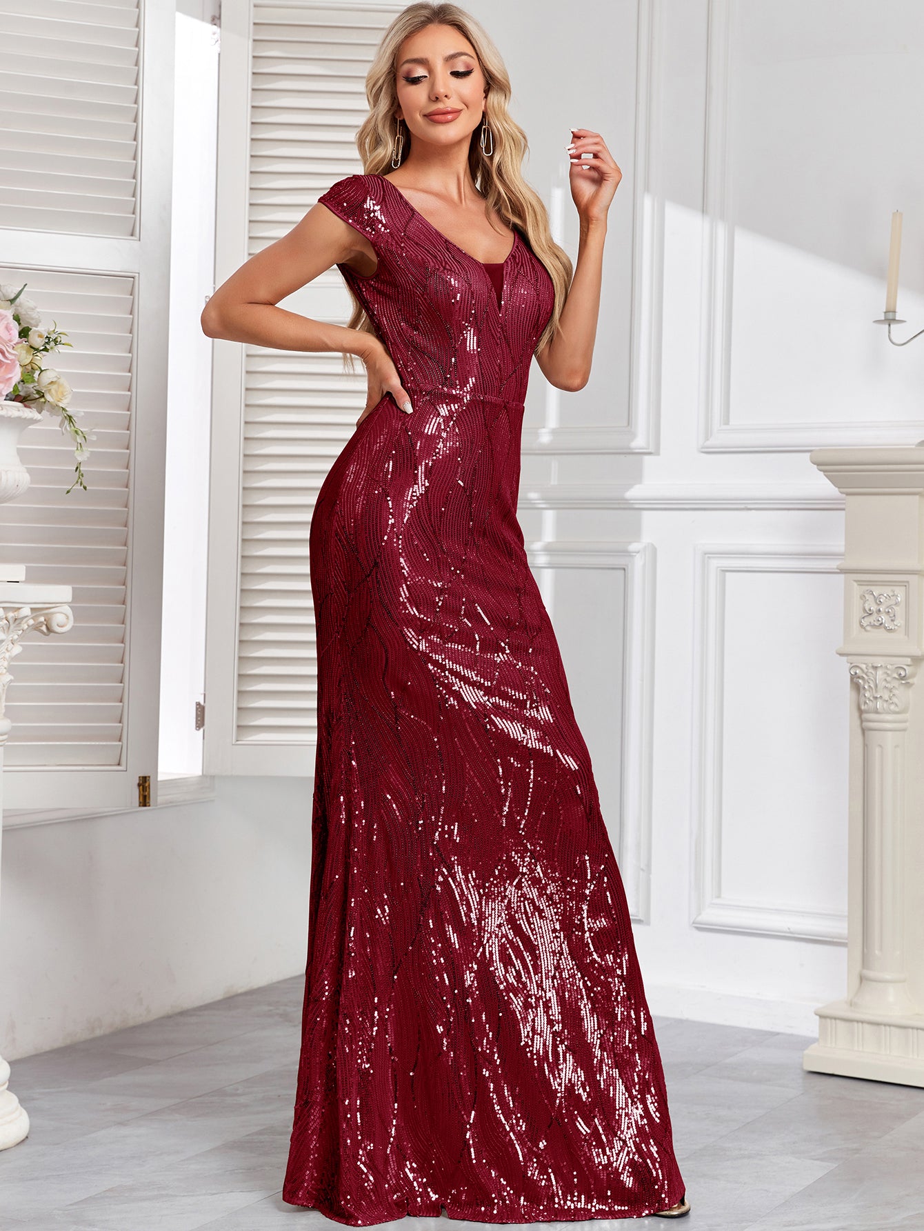 Embroidered Sequin Gown with Double V-Neck and Cap Sleeves | XUIBOL