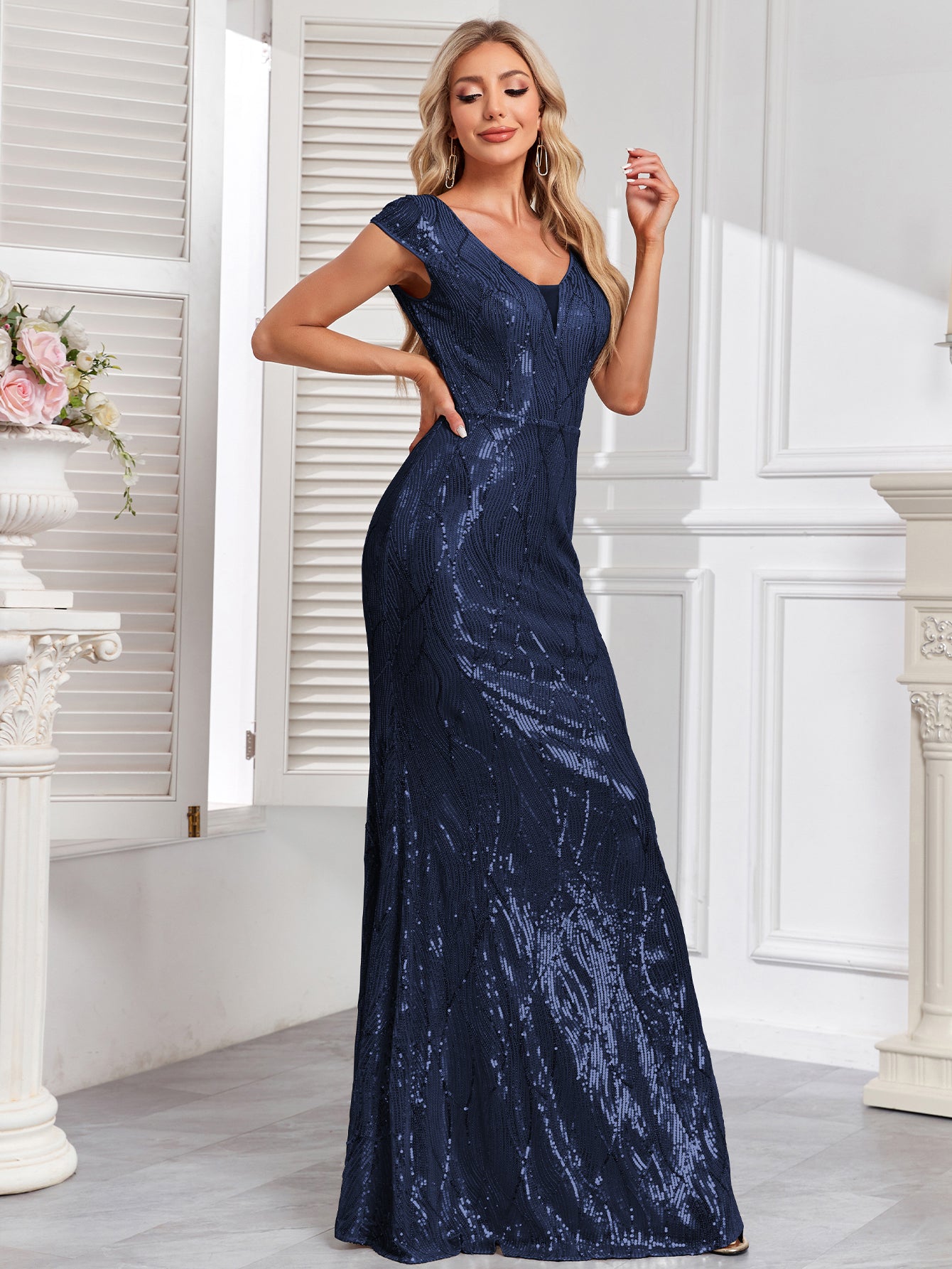 Embroidered Sequin Gown with Double V-Neck and Cap Sleeves | XUIBOL