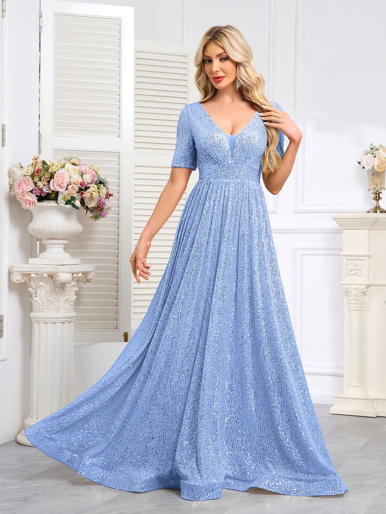 Royal Blue Sequined Short-Sleeve Gown With a Deep V-Neck and a Full, Flared Skirt.