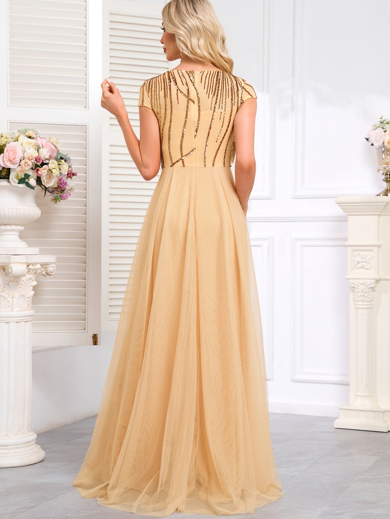 Champagne Gold off-The-Shoulder Beaded Tulle Gown