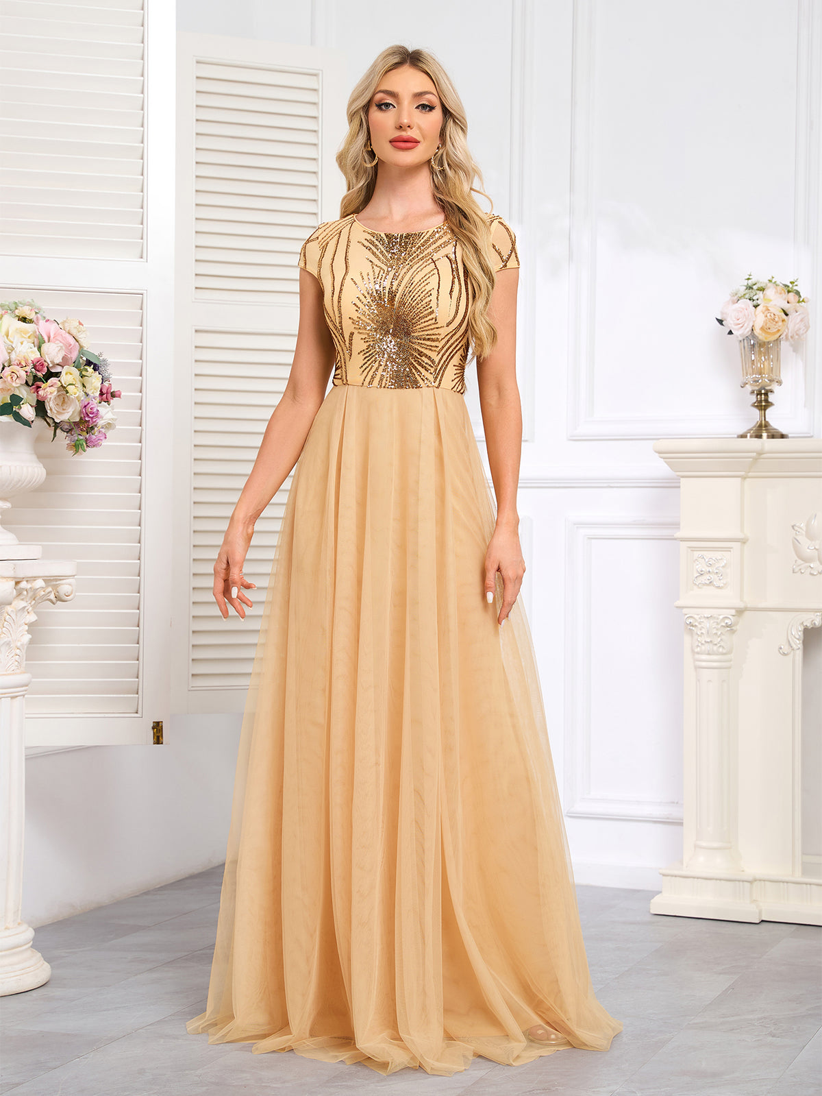 Champagne Gold off-The-Shoulder Beaded Tulle Gown