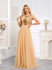 Champagne Gold off-The-Shoulder Beaded Tulle Gown