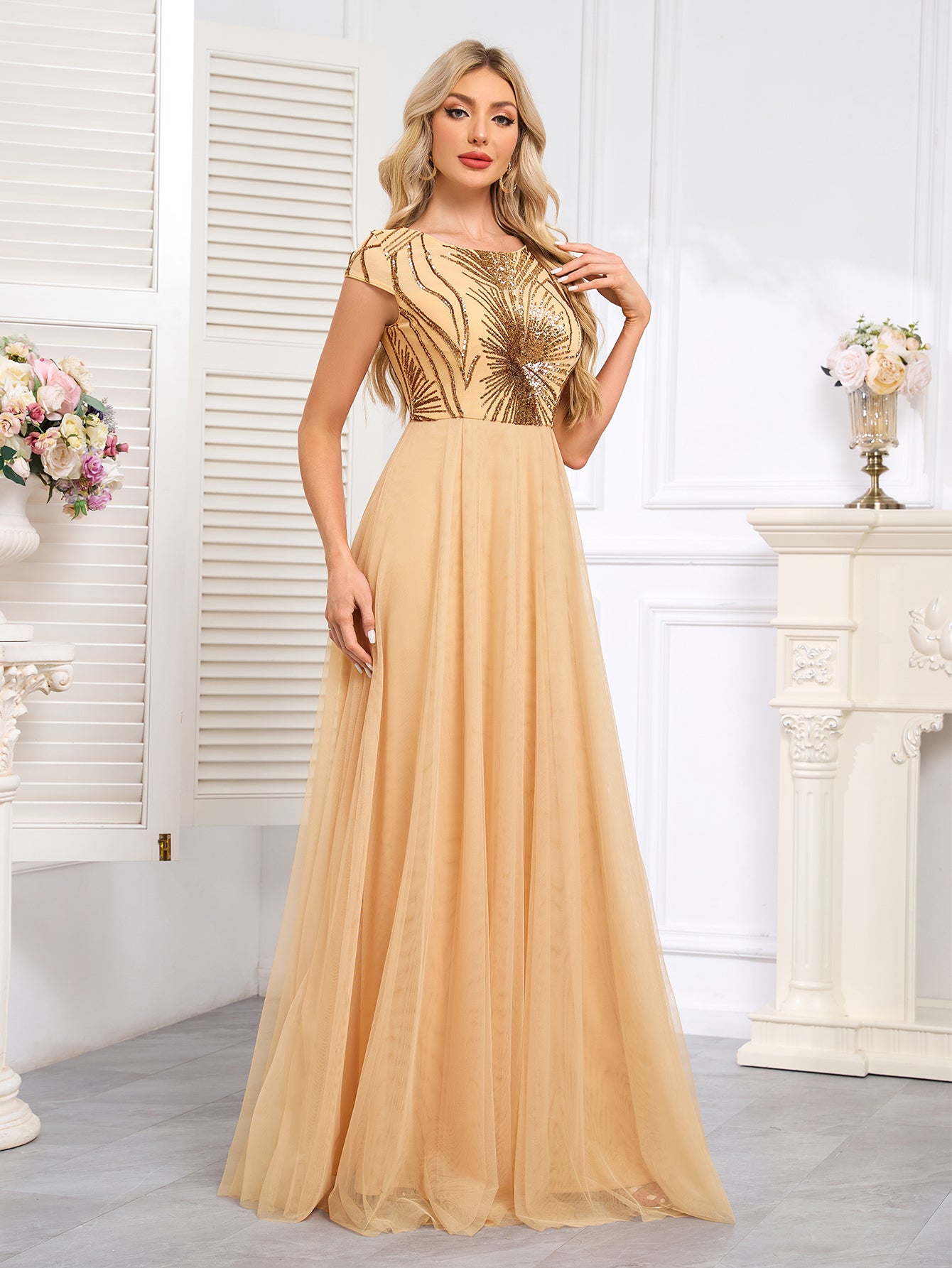 Champagne Gold off-The-Shoulder Beaded Tulle Gown