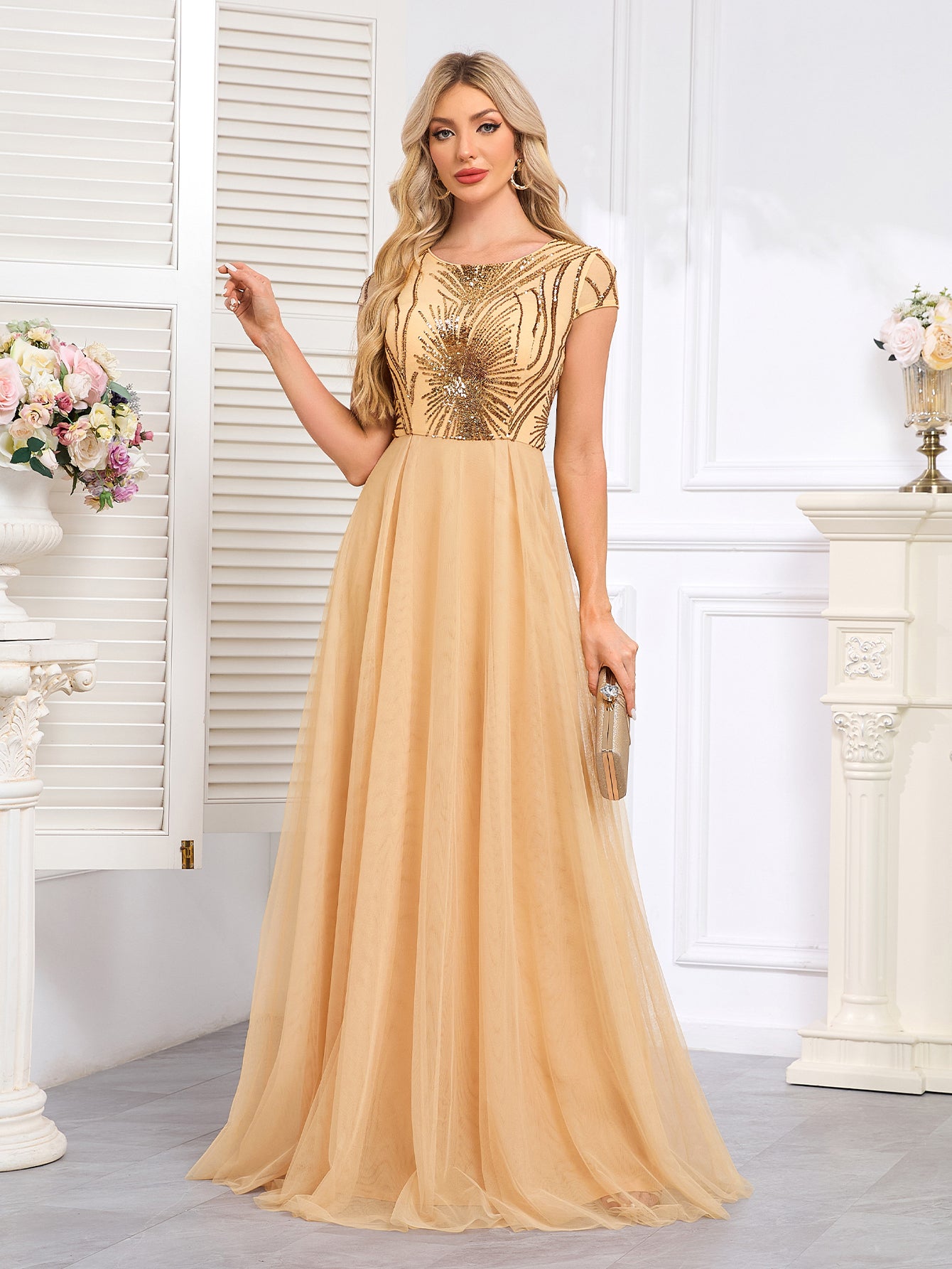 Champagne Gold off-The-Shoulder Beaded Tulle Gown