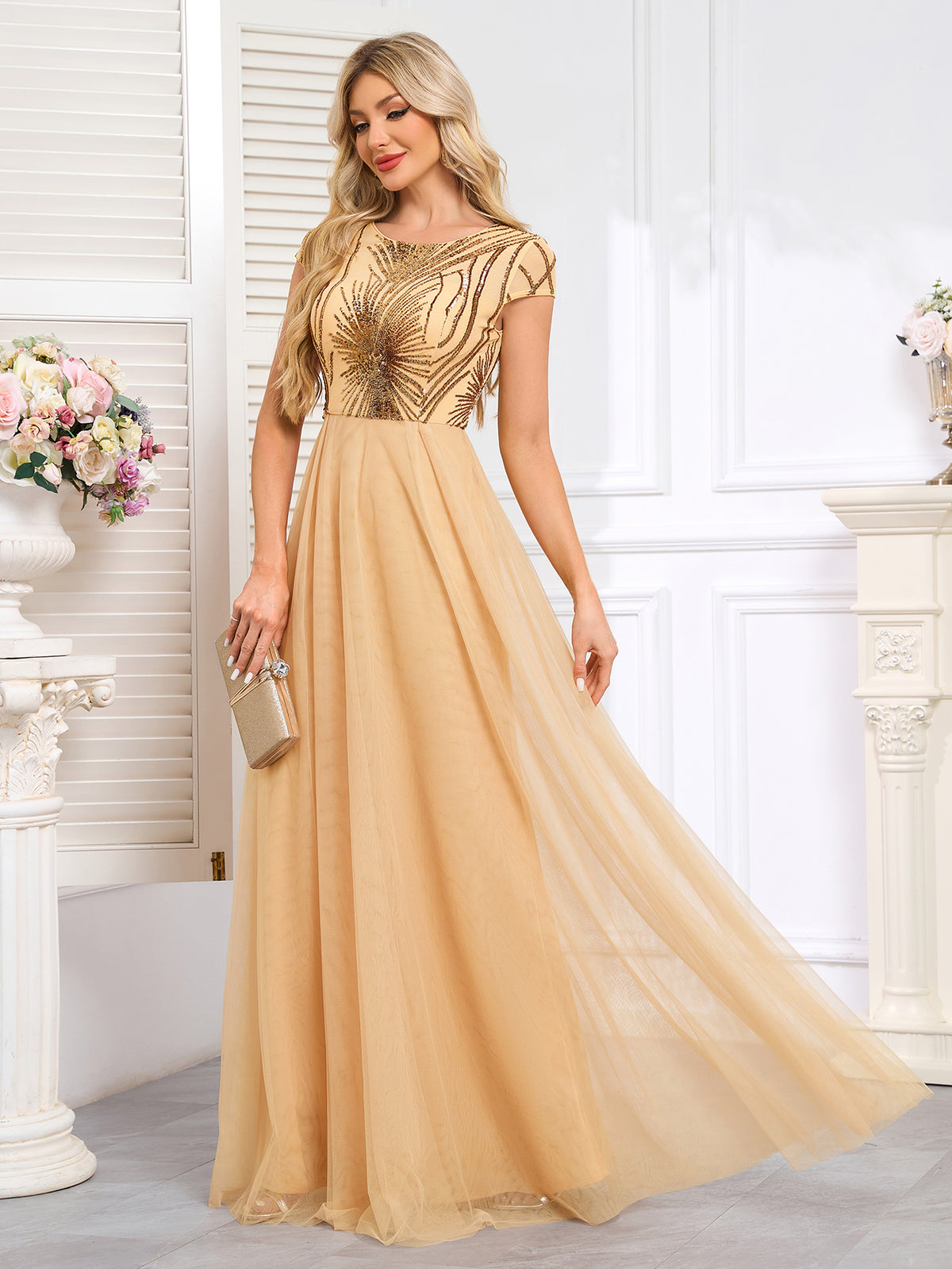 Champagne Gold off-The-Shoulder Beaded Tulle Gown