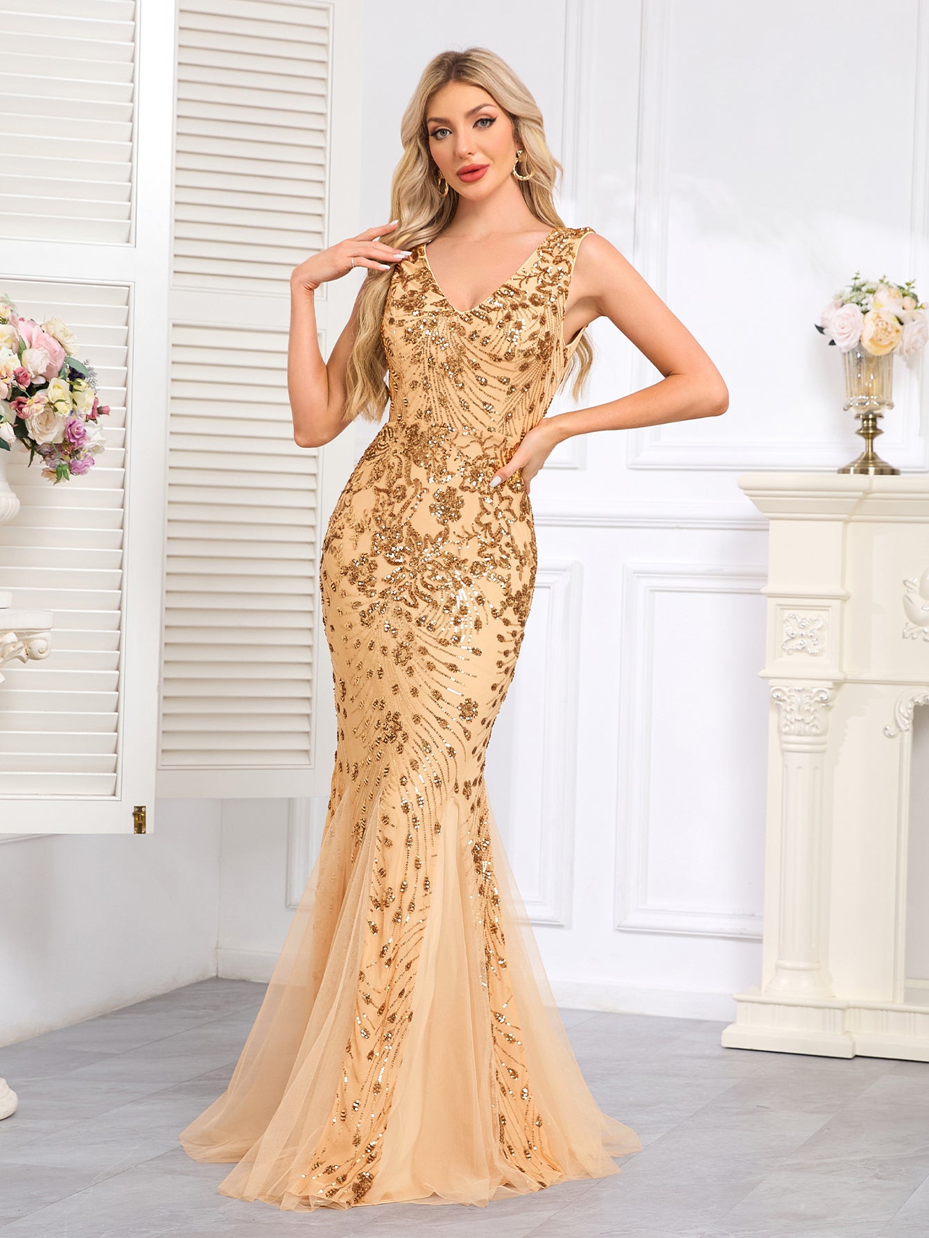 Champagne Gold Beaded Tulle Mermaid Gown