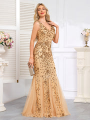 Champagne Gold Beaded Tulle Mermaid Gown