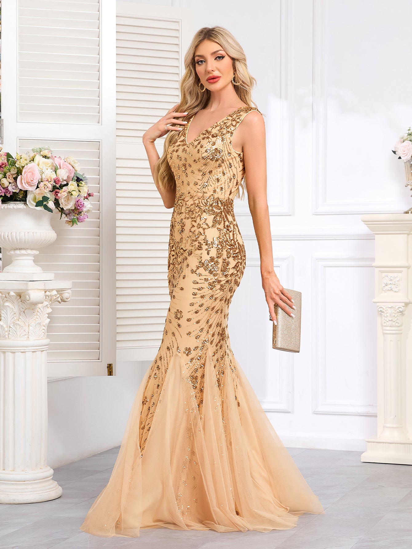 Champagne Gold Beaded Tulle Mermaid Gown